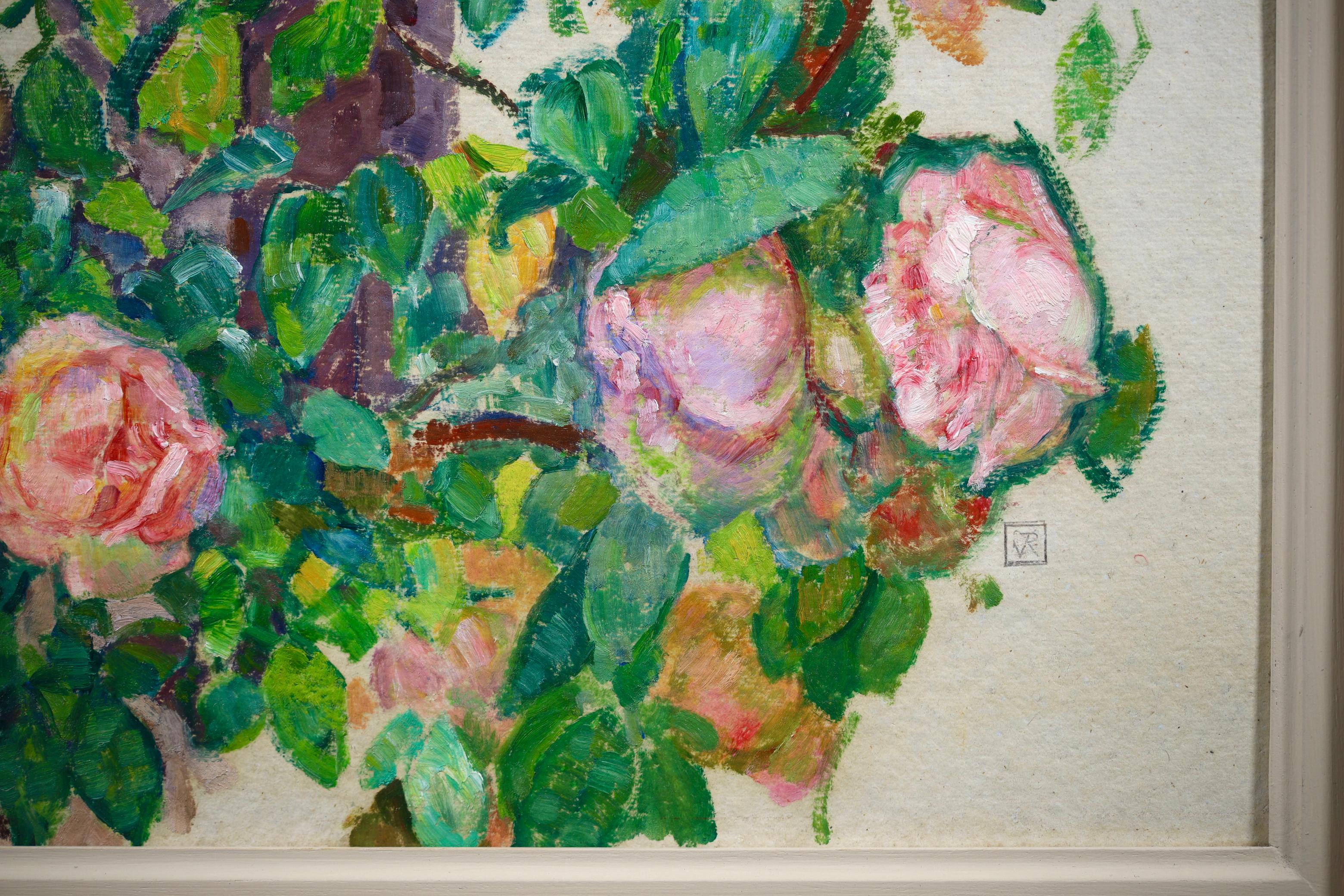 Pink Roses - Neo-Impressionist Oil, Flowers in Garden by Theo van Rysselberghe For Sale 6