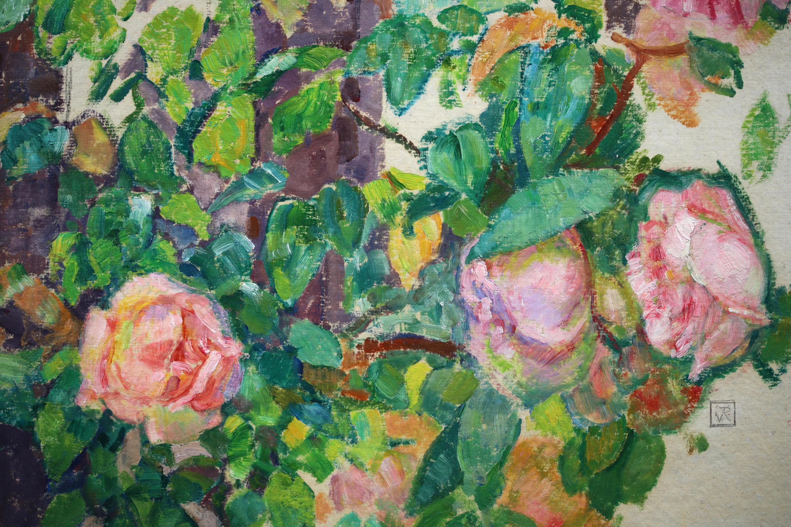 Pink Roses - Neo-Impressionist Oil, Flowers in Garden by Theo van Rysselberghe For Sale 7