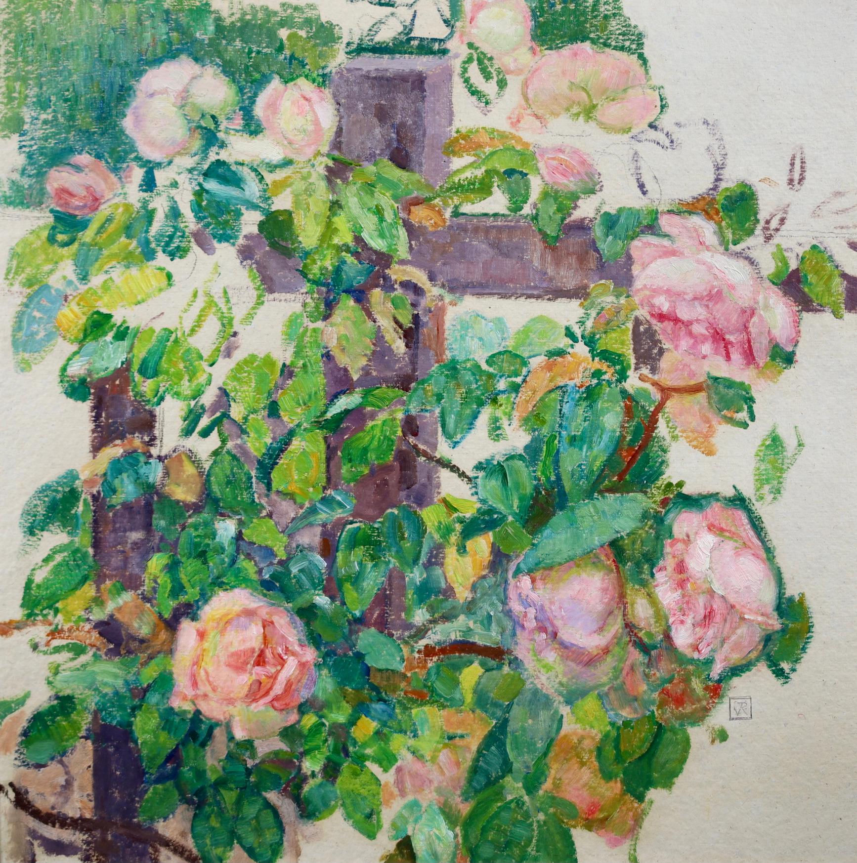 Magnifique huile sur papier marouflé sur toile vers 1905 du peintre néo-impressionniste français Theo Van Rysselberghe représentant un rosier grimpant - le rose des fleurs contrastant avec le vert et le jaune des feuilles. 

Signature :
Signé en bas