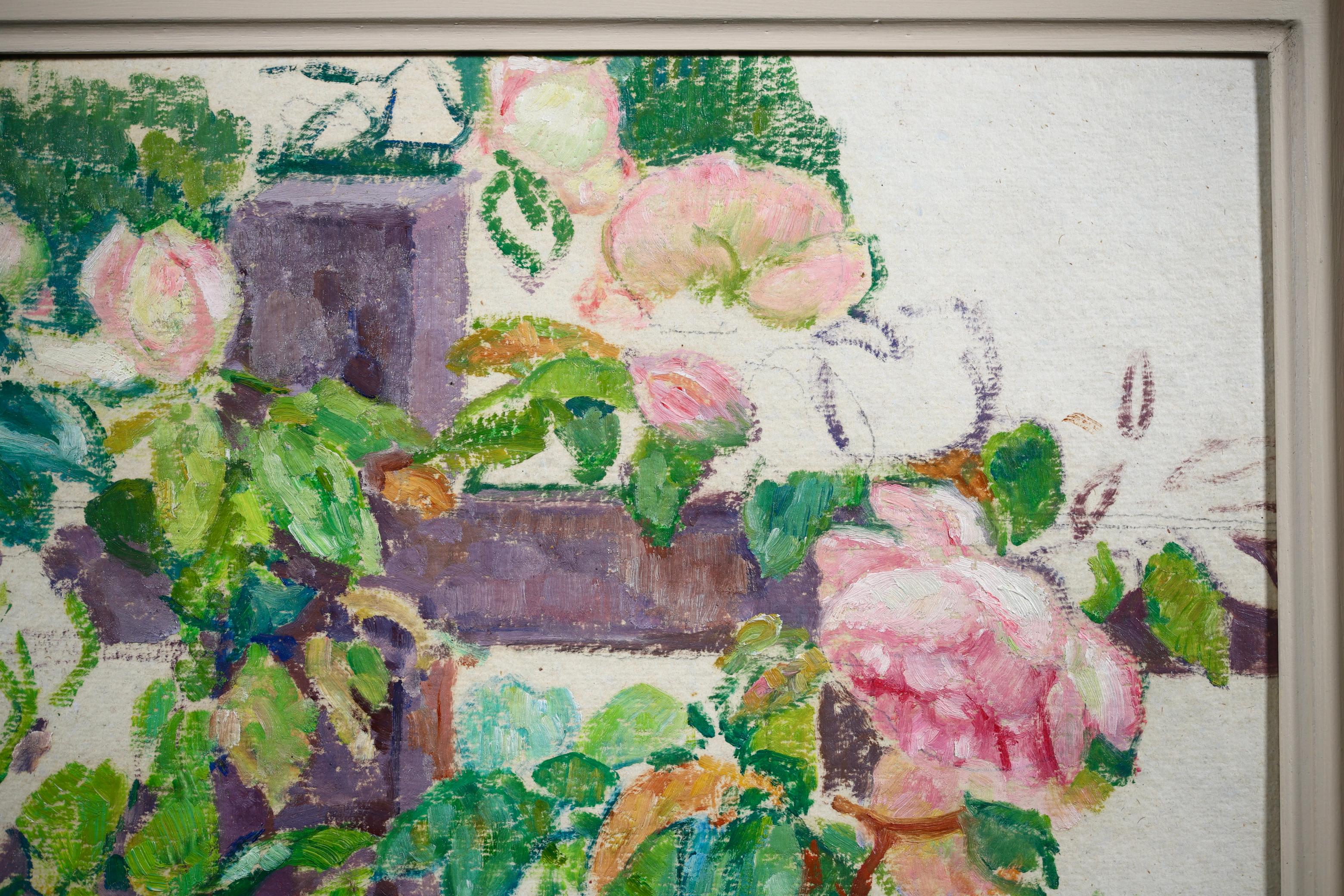 A wonderful oil on paper laid on canvas circa 1905 by French neo-impressionist painter Theo Van Rysselberghe depicting a climbing rose - the pink of the flowers contrasting against the green and yellow of the leaves. 

Signature:
Signed lower