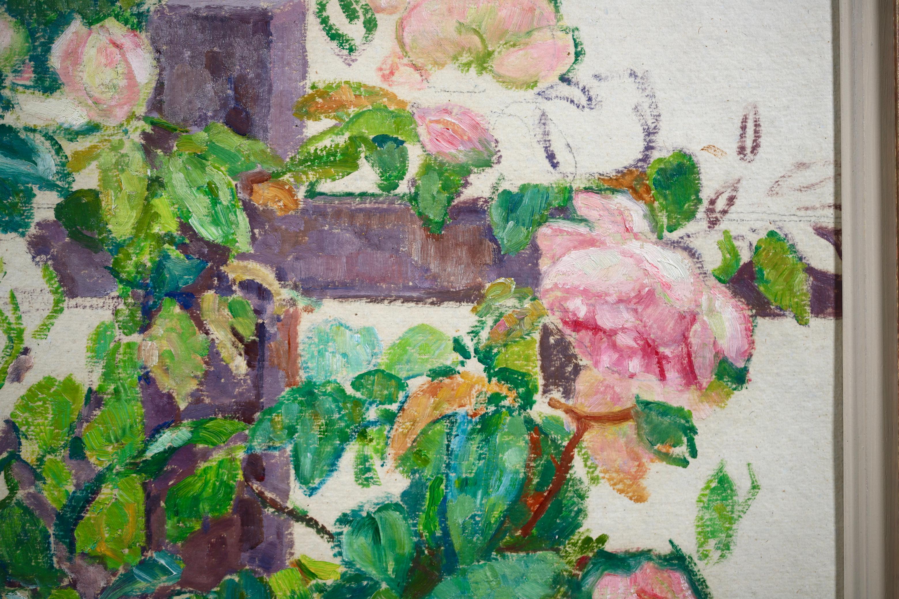 Pink Roses - Neo-Impressionist Oil, Flowers in Garden by Theo van Rysselberghe For Sale 1