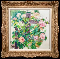 Antique Pink Roses - Neo-Impressionist Oil, Flowers in Garden by Theo van Rysselberghe