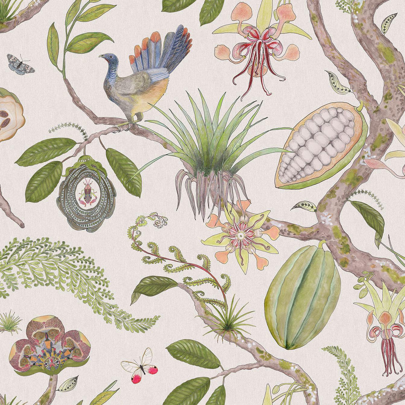Papel pintado Teobroma Árbol de la vida Hoja sobre lino Inglés en venta