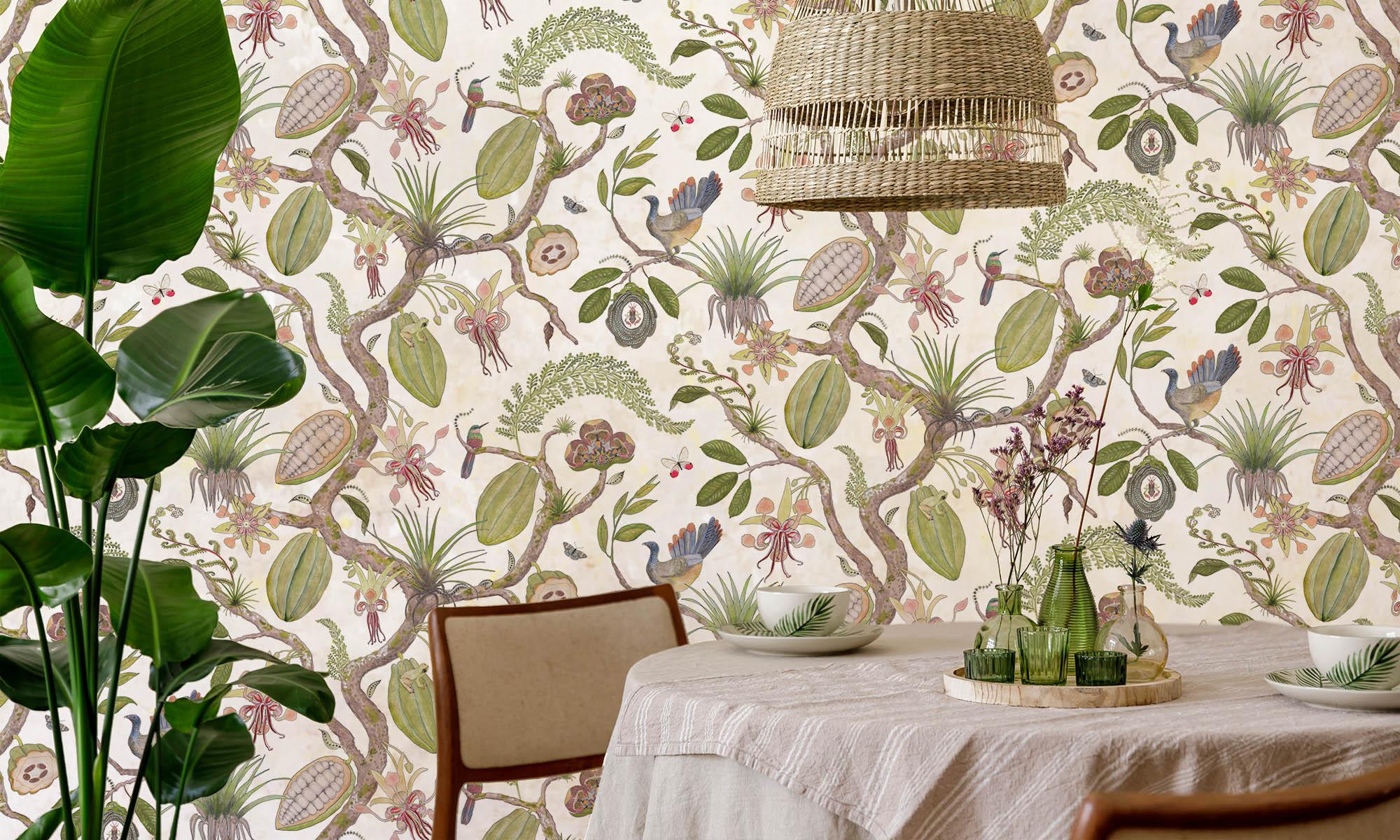 Other Theobroma Tree of Life Leaf on Flax Wallpaper For Sale