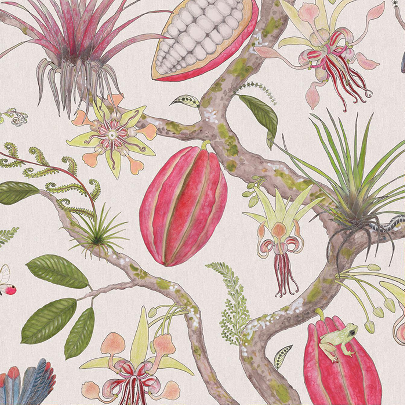 English Theobroma Tree of Life Ruby Flax Wallpaper For Sale