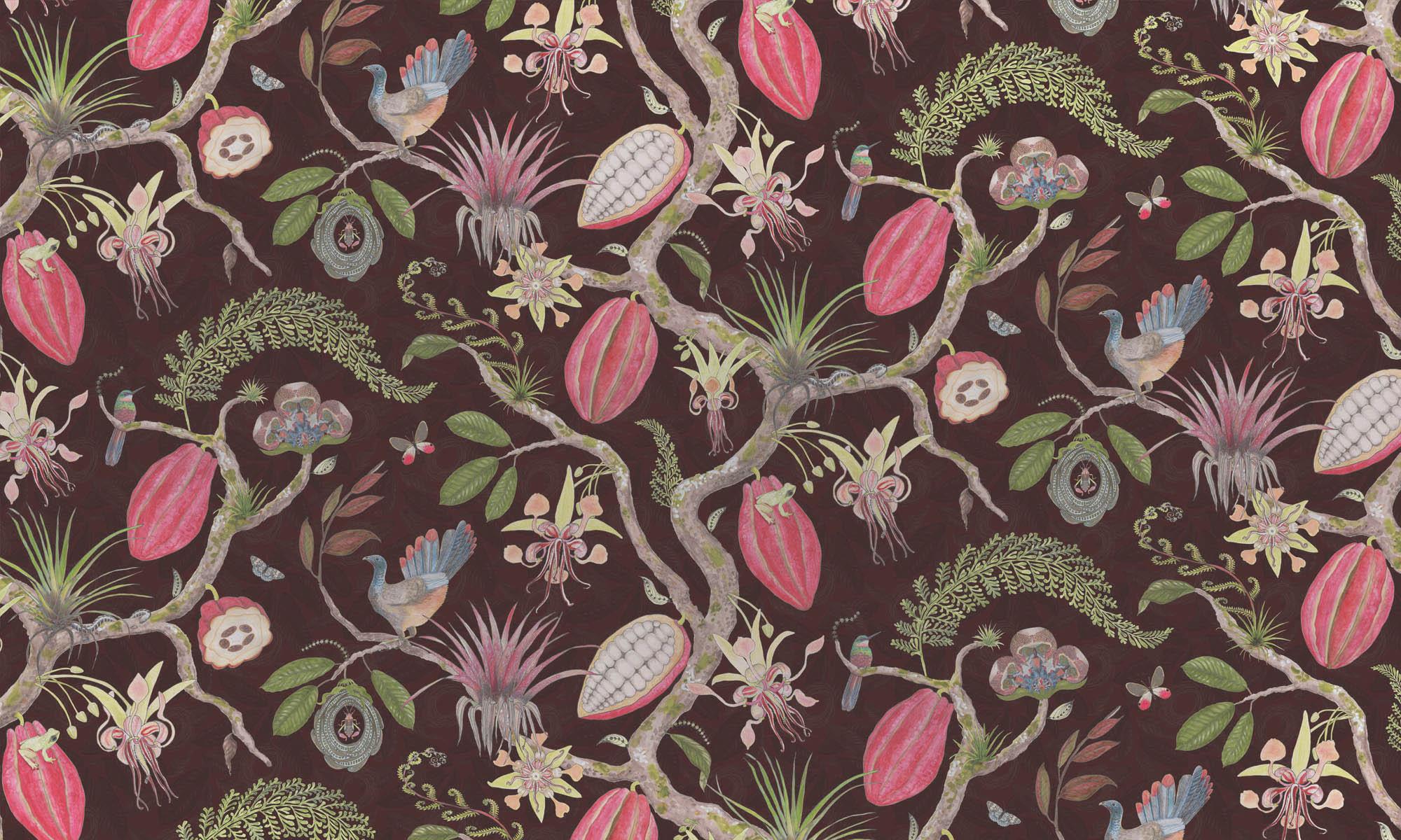 English Theobroma Tree of Life Ruby on Cacao Wallpaper For Sale