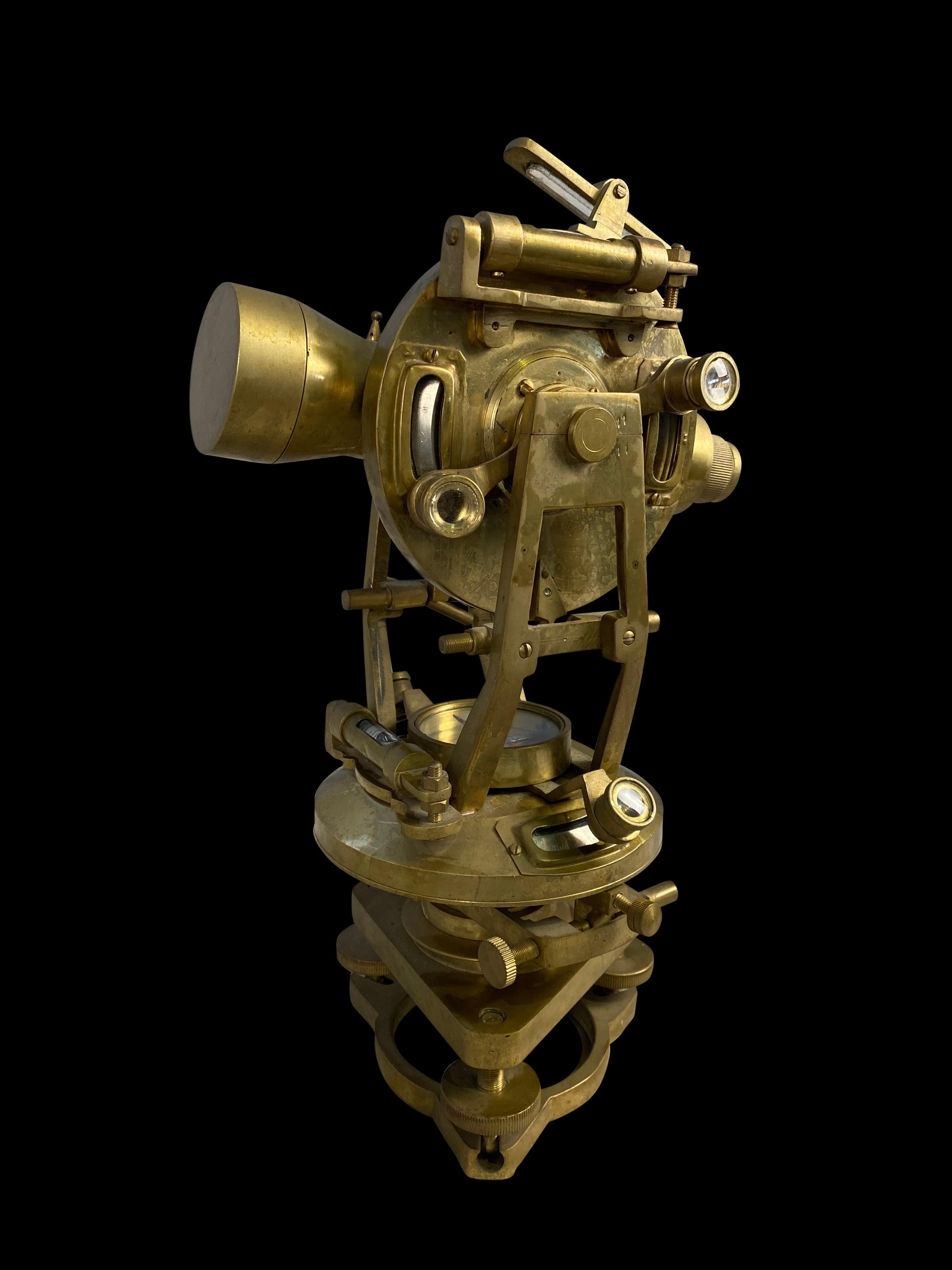 This theodolite is a precision instrument used for measuring angles both horizontally and vertically via a rotation along both axis. An impressive collector's piece for display in a handsome room. 

Dimensions (cm) 
34 H/20 W/19 D.