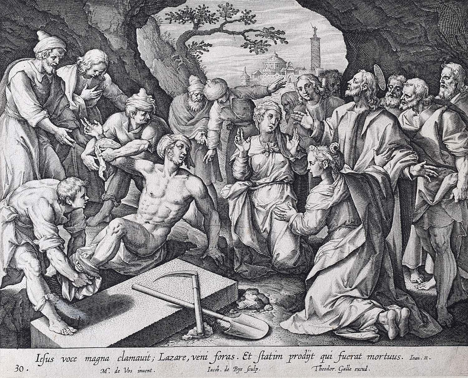 Theodoor Galle Martin de Vos 17th Century engraving Jesus Raises Lazarus 