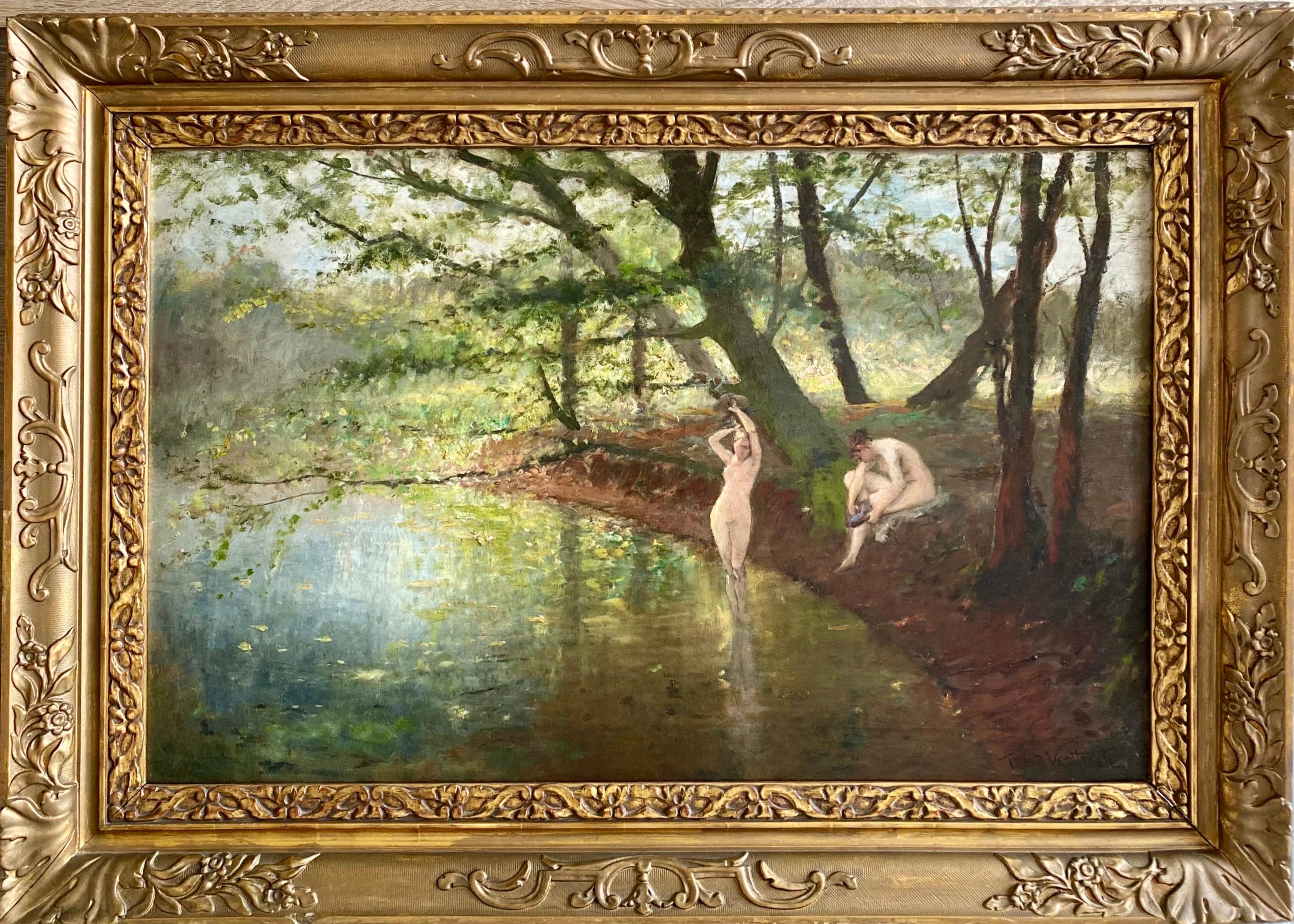 Theodoor Verstraete Landscape Painting - 19th century impressionist painting - Les Baigneuses - Nude forest barbizon