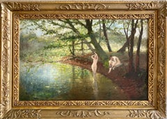 Antique 19th century impressionist painting - Les Baigneuses - Nude forest barbizon