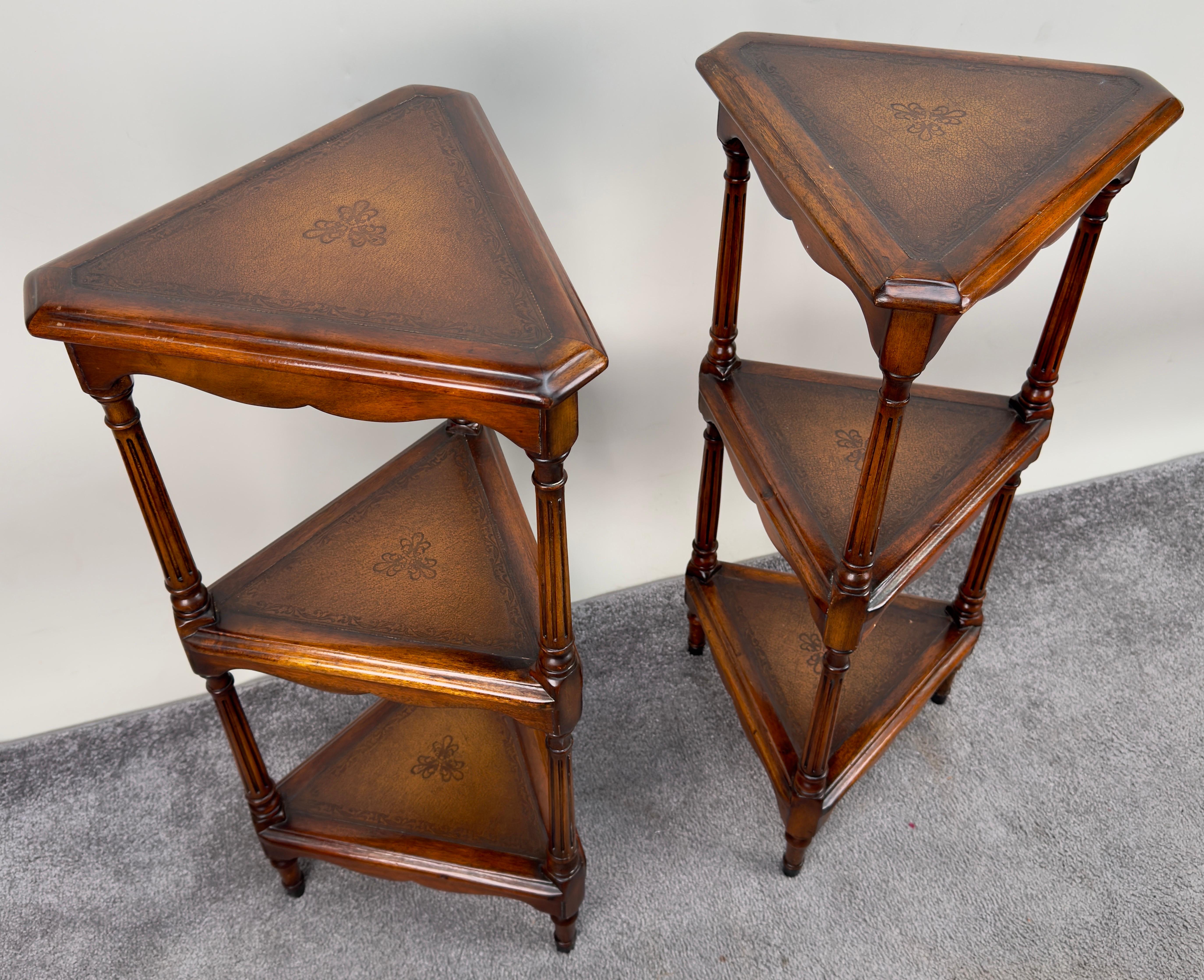 Leather Theodor Alexander Hollywood Regency Style 3-Tiered Pedestal or Etagere , a Pair  For Sale