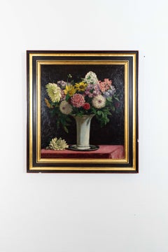 Still life painting of a vase with flowers (dahlias) on a silver plate