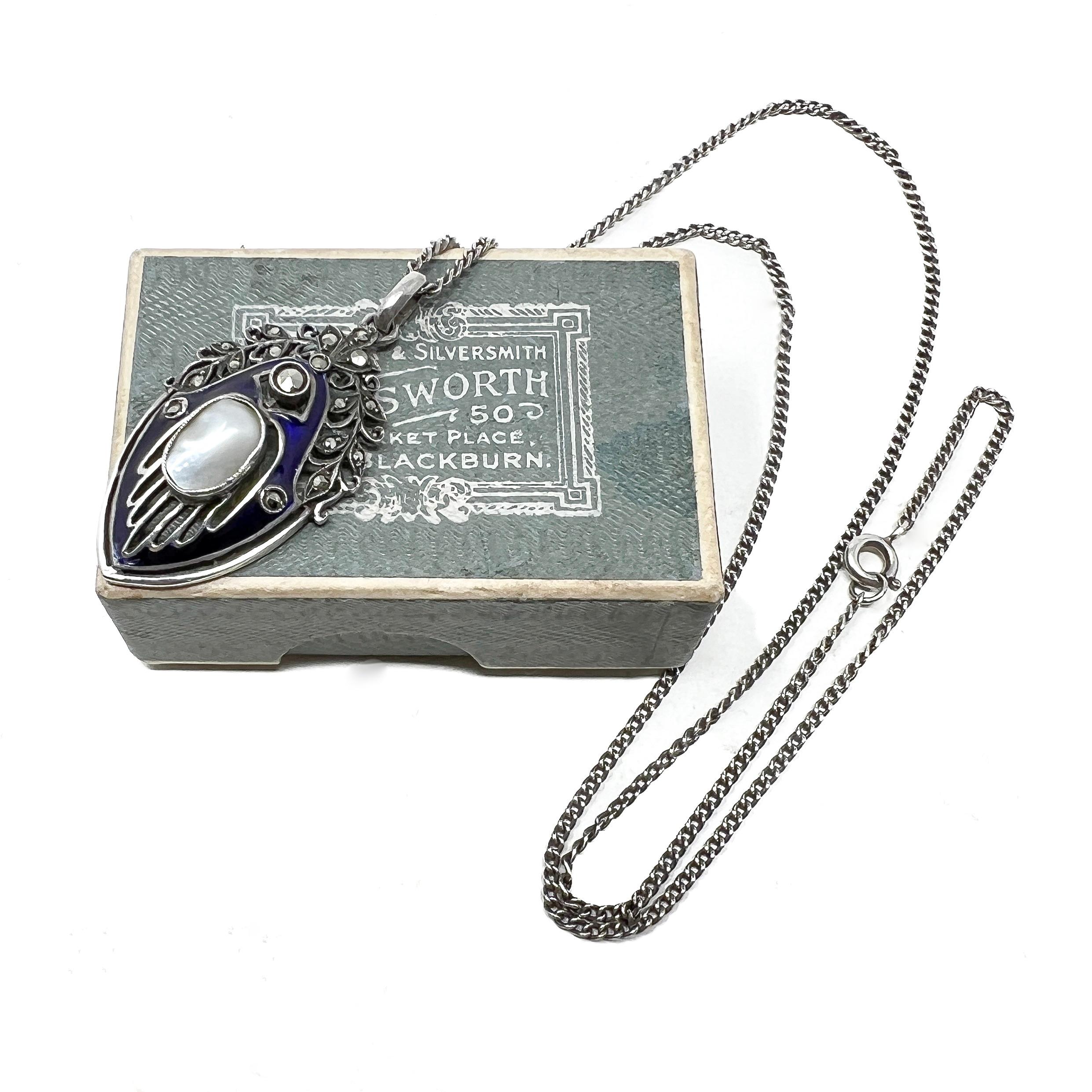 Women's or Men's Theodor Fahrner c.1920 Silver, Enamel and Marcasite Vintage Pendant Necklace For Sale