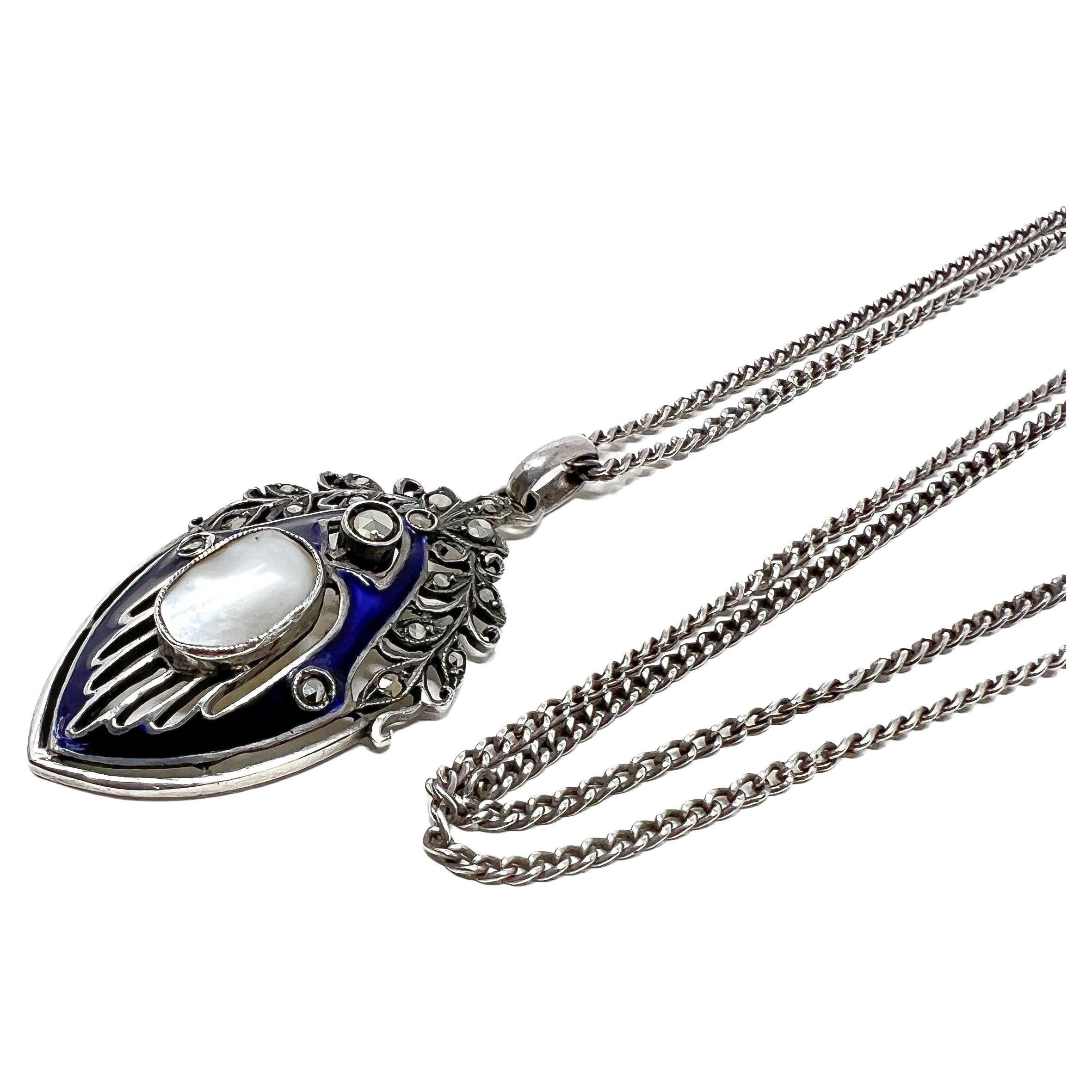 Theodor Fahrner c.1920 Silver, Enamel and Marcasite Vintage Pendant Necklace