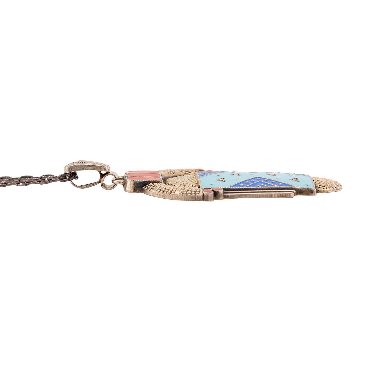 THEODOR FAHRNER-inspired Art Deco Sterling Silver and Enamel Pendant Necklace In Good Condition For Sale In Narberth, PA