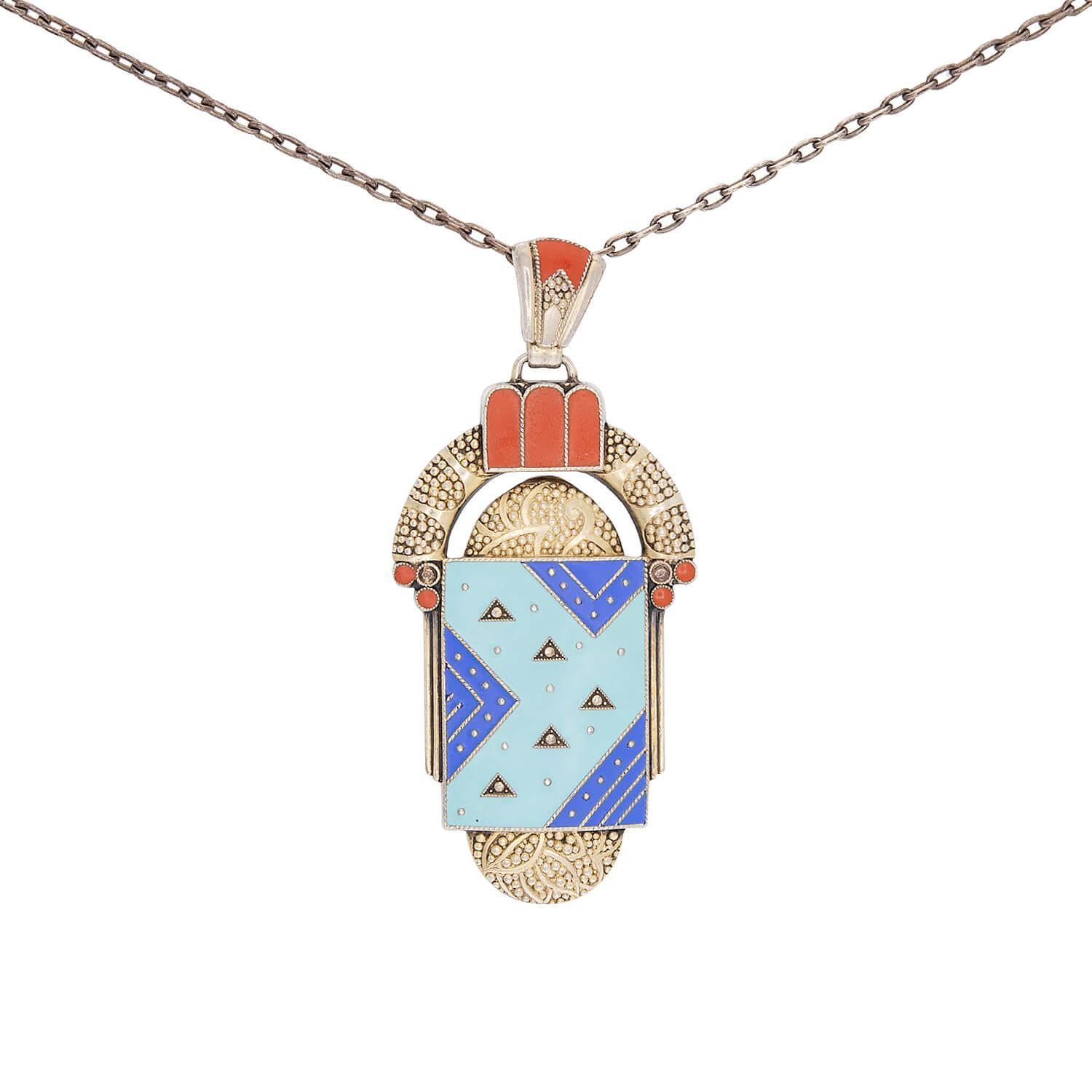 THEODOR FAHRNER-inspired Art Deco Sterling Silver and Enamel Pendant Necklace