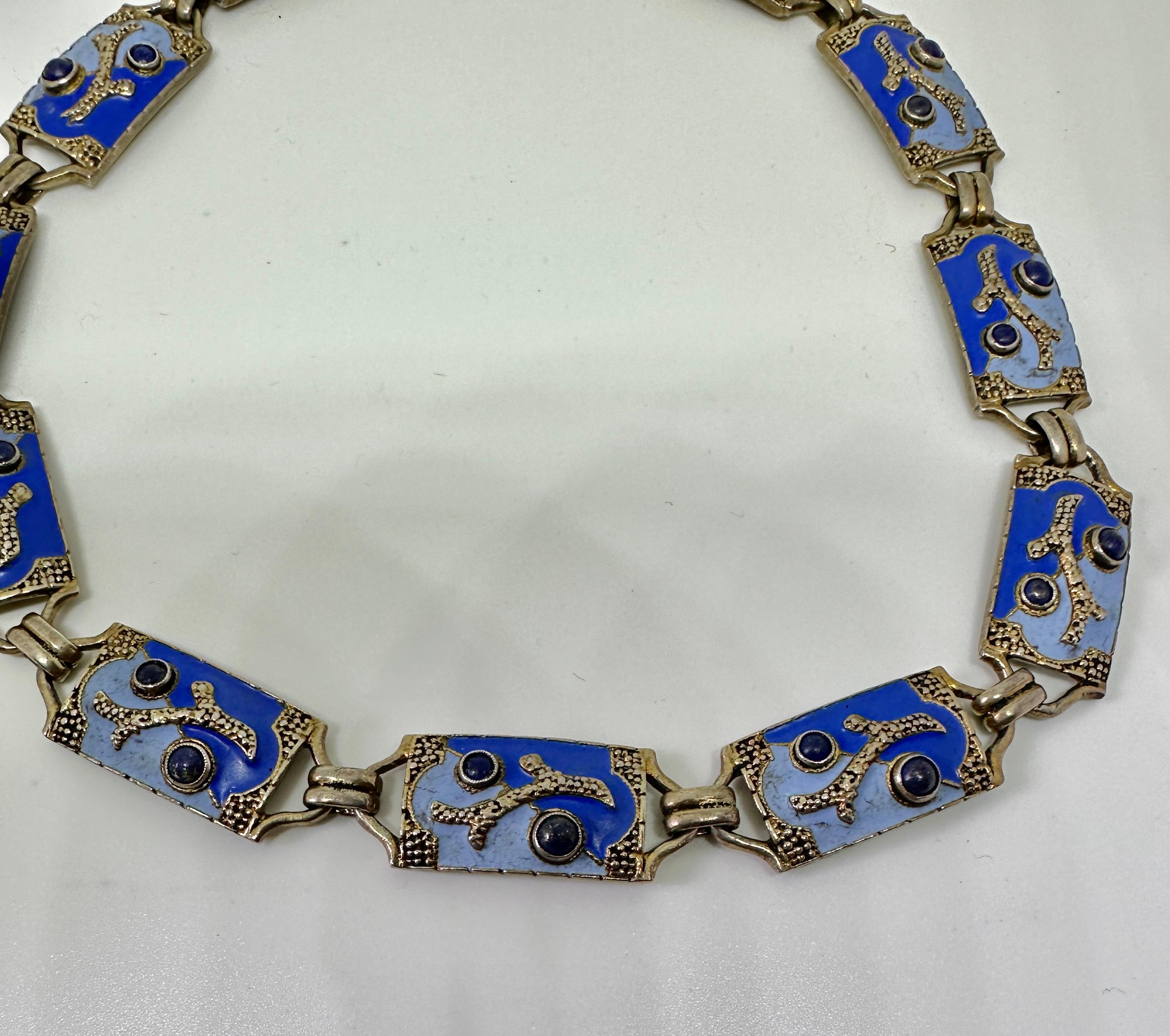 Art Nouveau Theodor Fahrner Necklace Blue Enamel Lapis Lazuli Sea Motif Sterling Silver For Sale