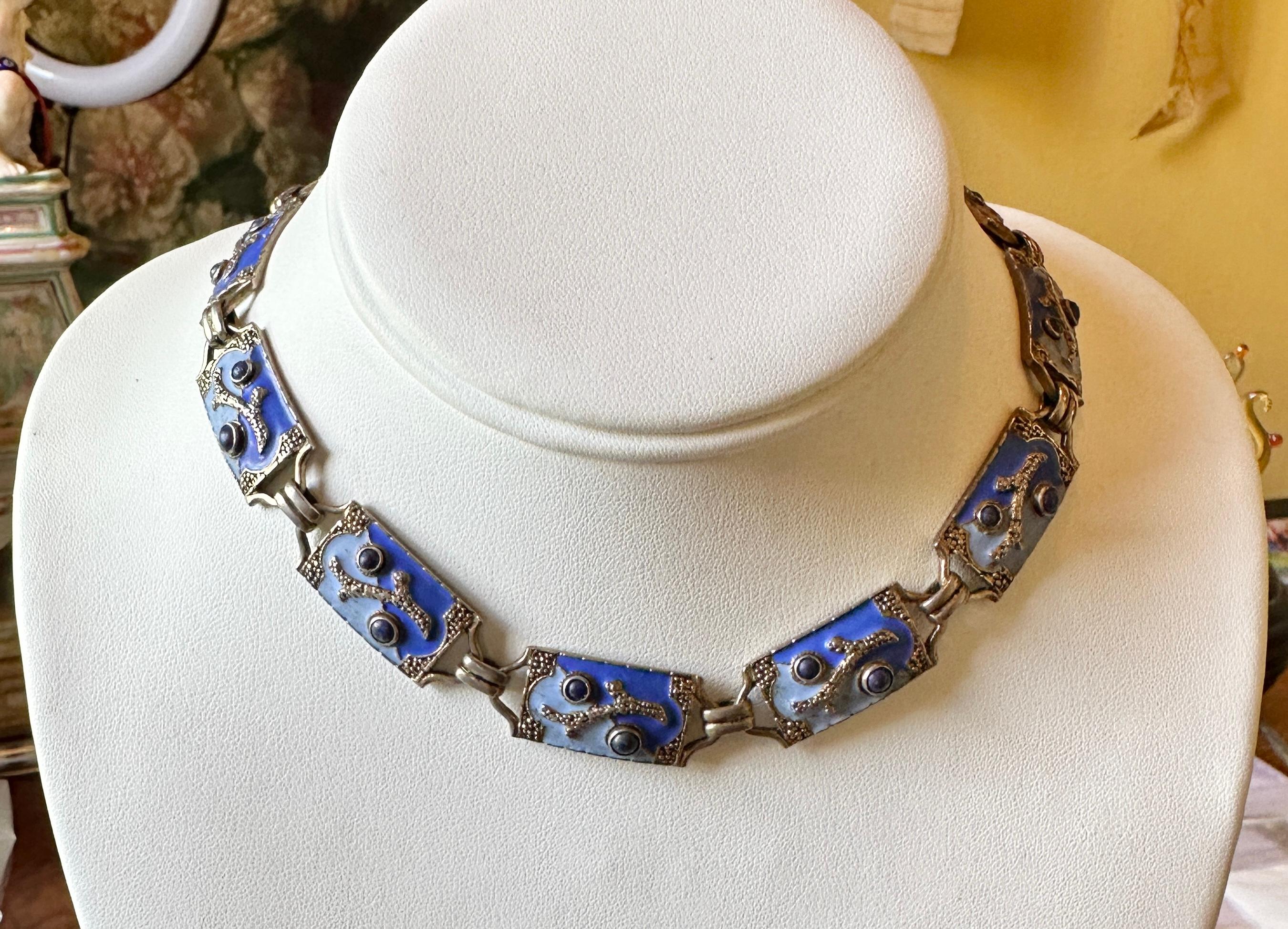 Cabochon Theodor Fahrner Necklace Blue Enamel Lapis Lazuli Sea Motif Sterling Silver For Sale
