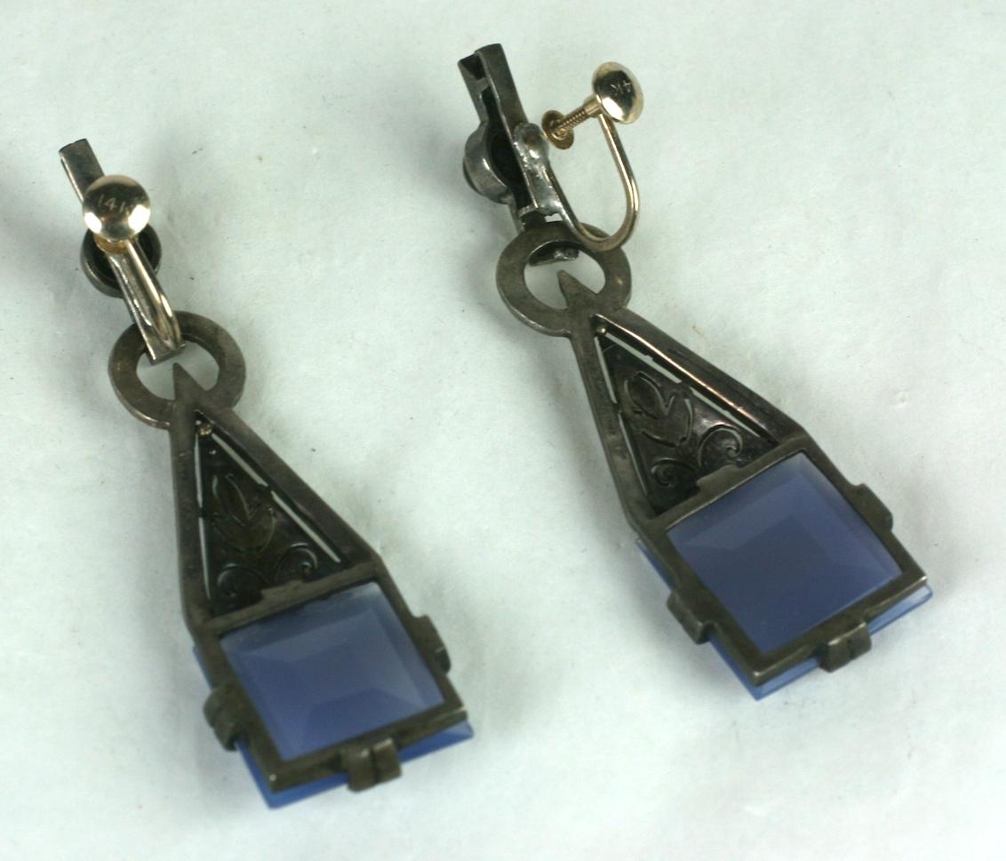 Square Cut Theodor Farhner Art Deco Chalcedony and Marcasite Earrings For Sale