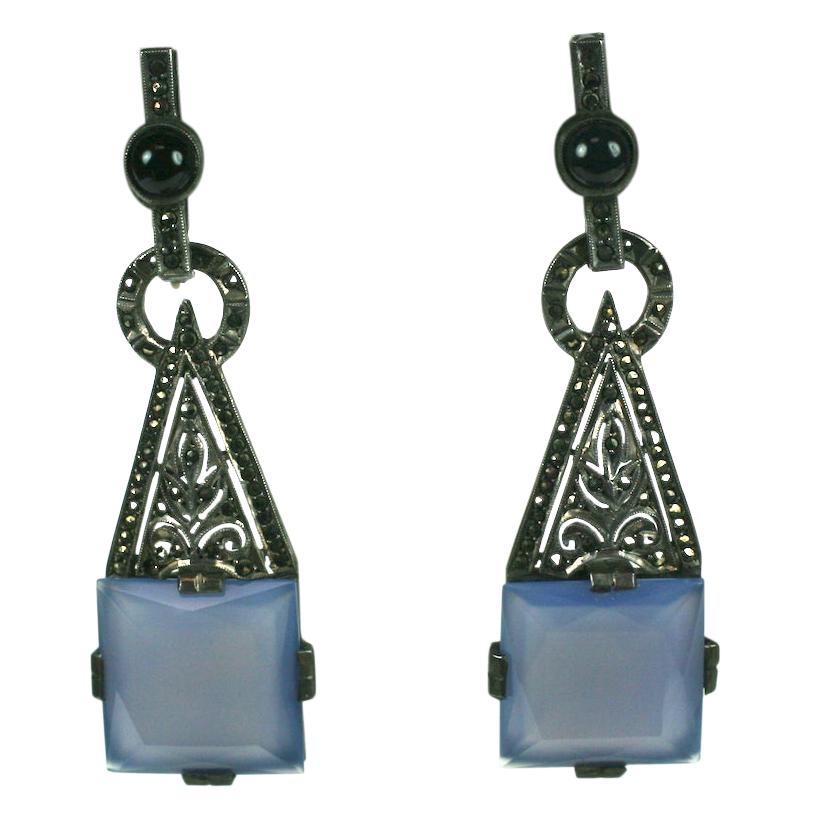 Theodor Farhner Art Deco Chalcedony and Marcasite Earrings For Sale