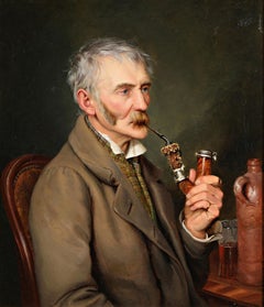 "Pipe Smoker" Munich School, 19th. Century, Oil Painting on Canvas, Signed