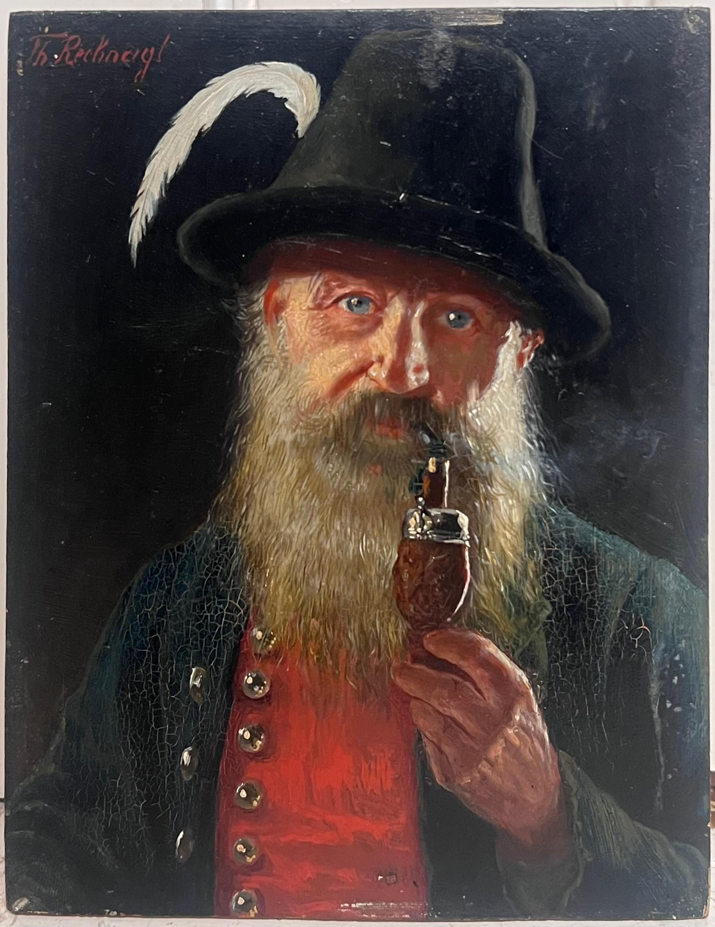 Antique German Signed Oil Painting Portrait of Bavarian Gentleman with Pipe - Black Portrait Painting by Theodor Recknagl (1865-1945) German