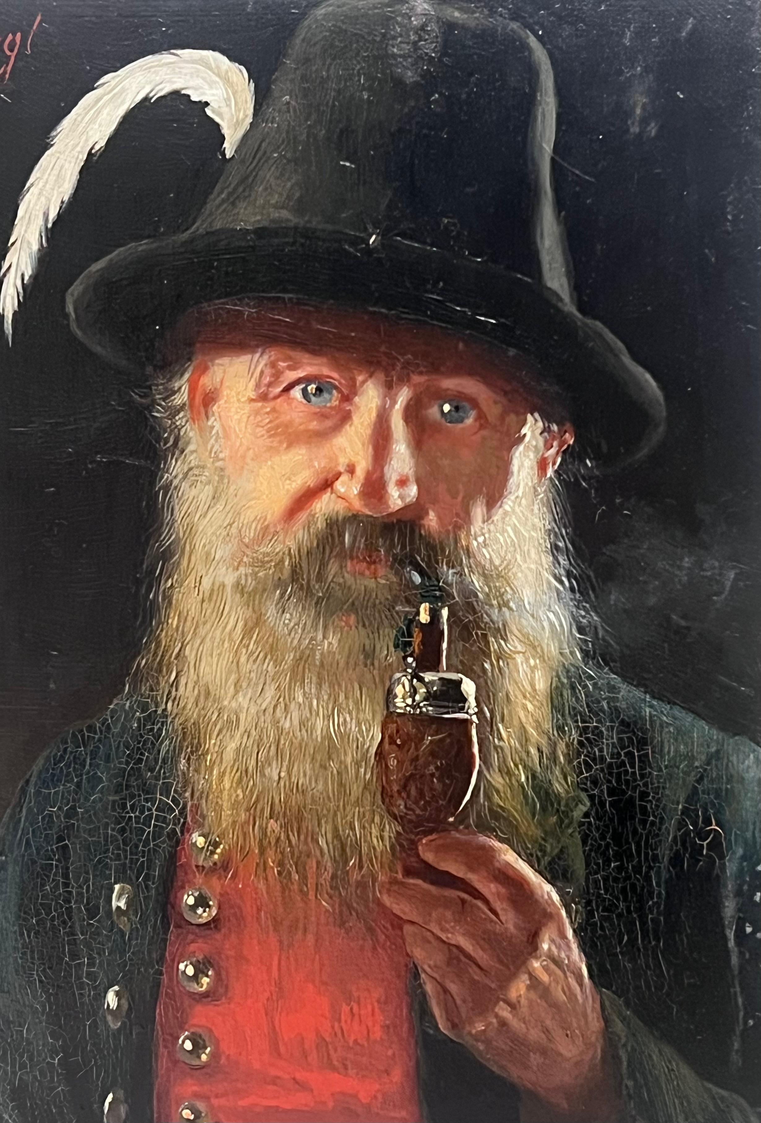 Antique German Signed Oil Painting Portrait of Bavarian Gentleman with Pipe For Sale 1