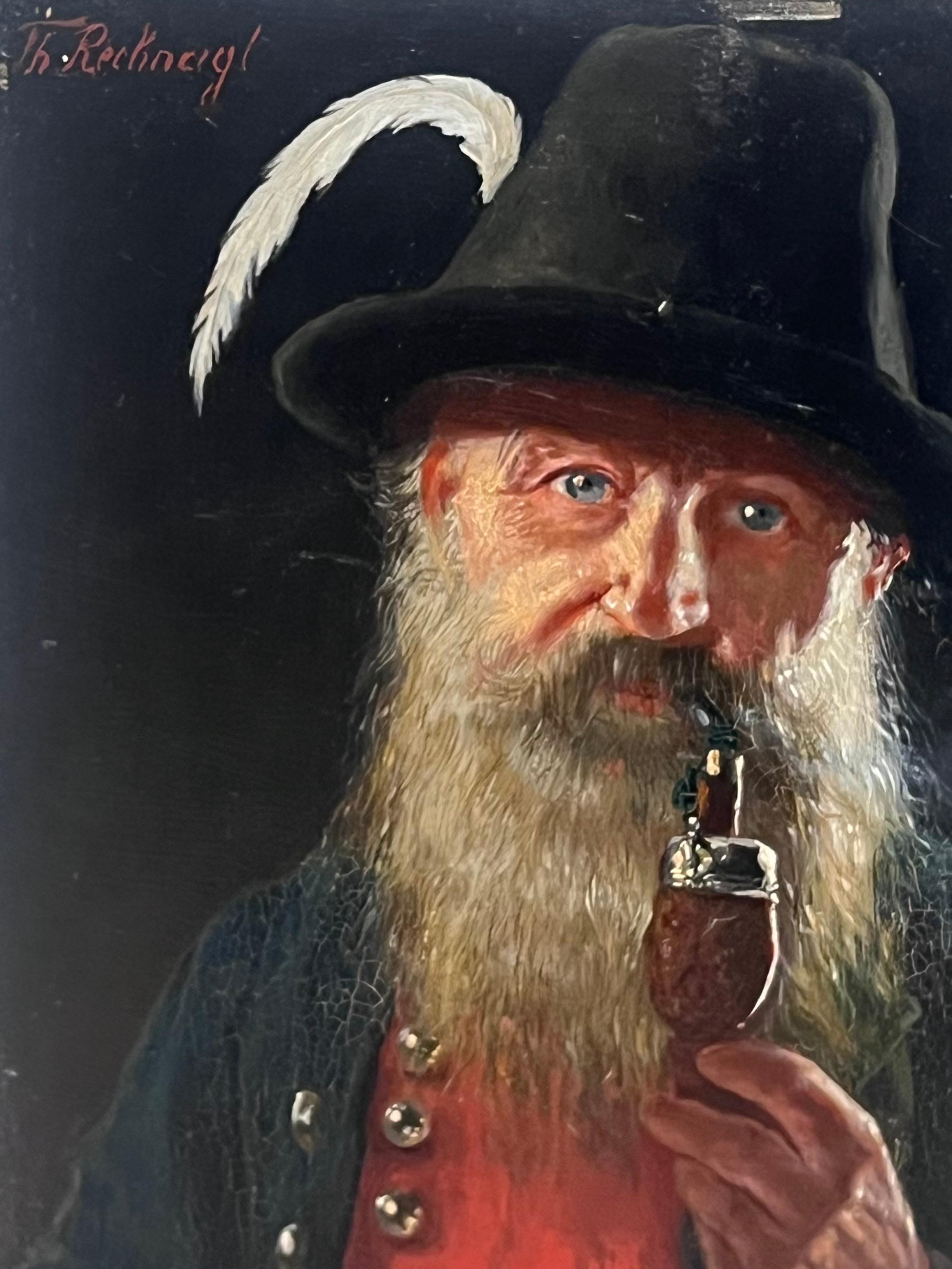 Antique German Signed Oil Painting Portrait of Bavarian Gentleman with Pipe For Sale 2
