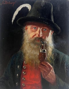 Antique German Signed Oil Painting Portrait of Bavarian Gentleman with Pipe