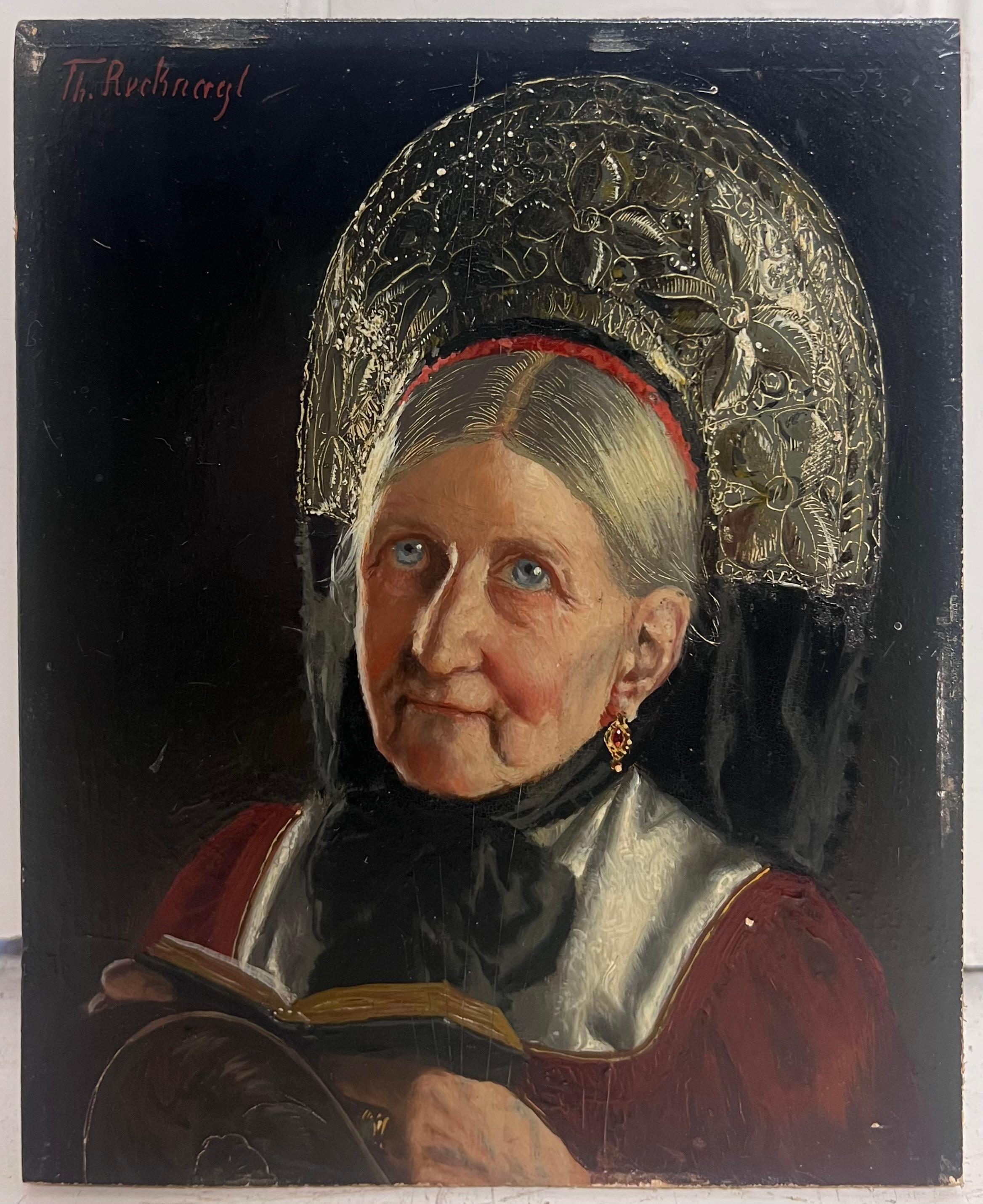 Pintura al óleo antigua alemana firmada Retrato de dama bávara vestida de cabeza - Painting de Theodor Recknagl (1865-1945) German