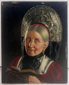 Fine Antique German Signed Oil Painting Portrait of Bavarian Lady in Head Dress