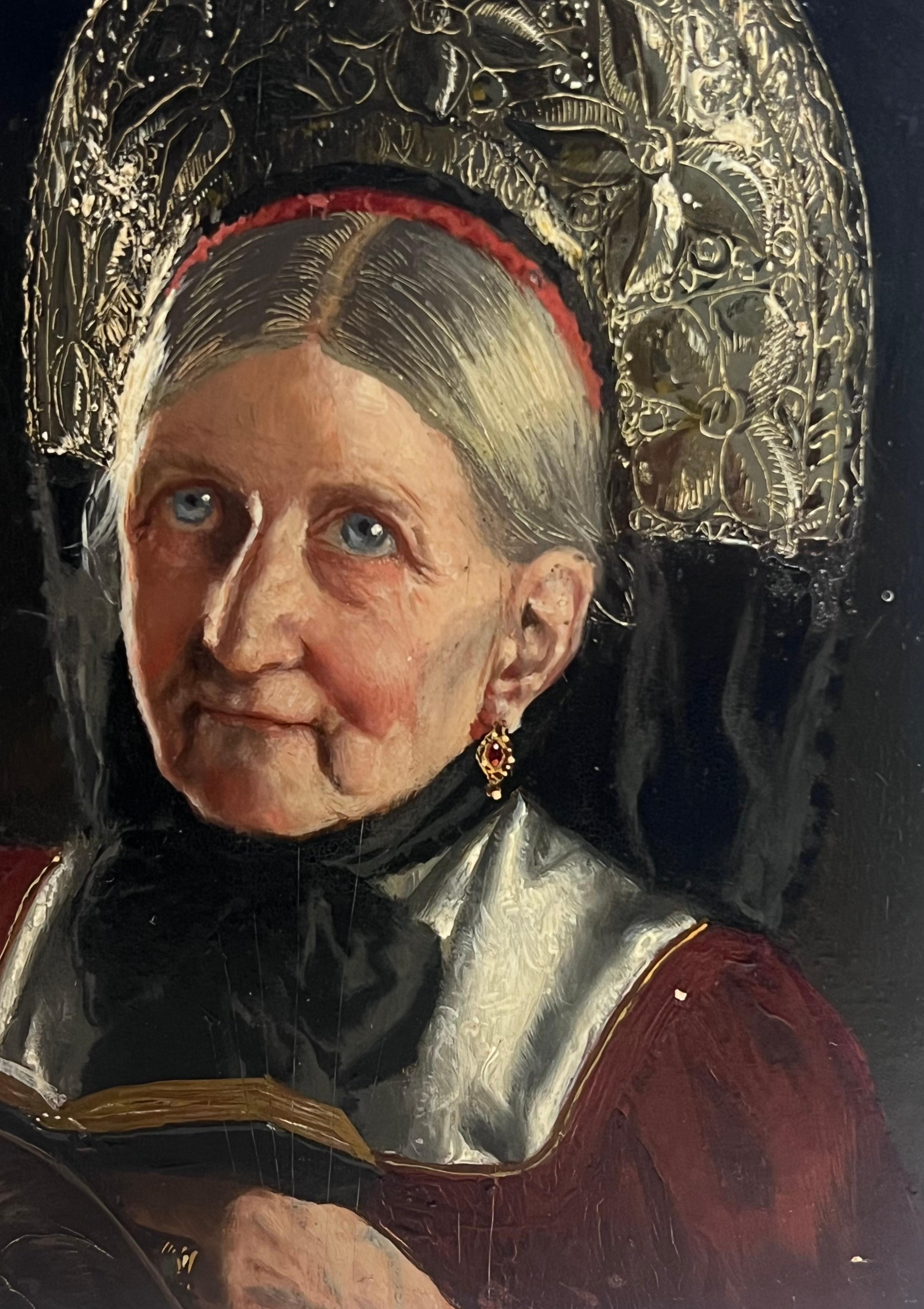 Pintura al óleo antigua alemana firmada Retrato de dama bávara vestida de cabeza - Portrait Painting Negro de Theodor Recknagl (1865-1945) German