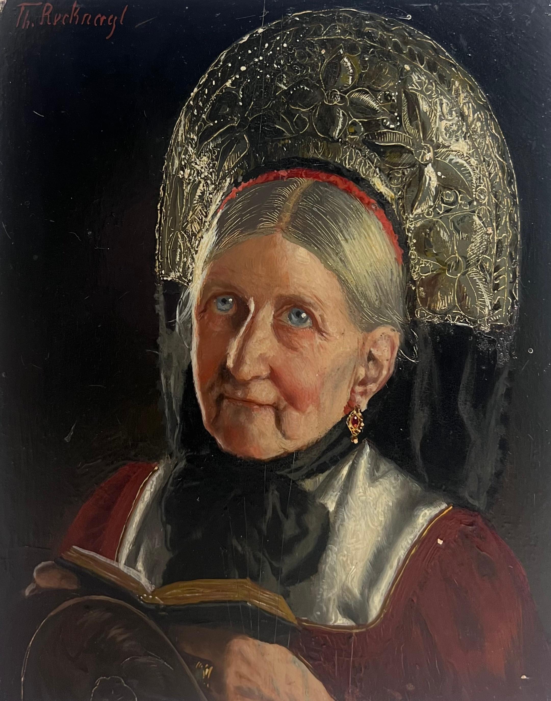 Portrait Painting de Theodor Recknagl (1865-1945) German - Pintura al óleo antigua alemana firmada Retrato de dama bávara vestida de cabeza