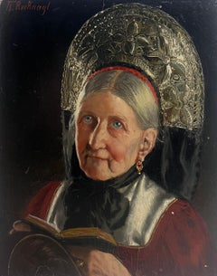 Raffinata pittura ad olio antica tedesca firmata Ritratto di signora bavarese in abito da capo