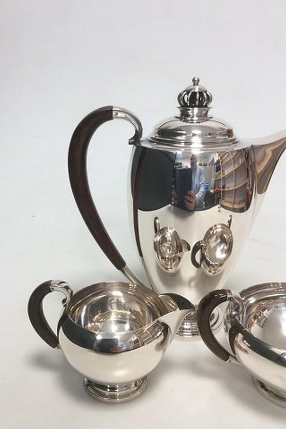 Hand-Crafted Theodor Sabroe Art Deco Danish Silver Coffee Set with Pot, Creamer & Sugar Bowl