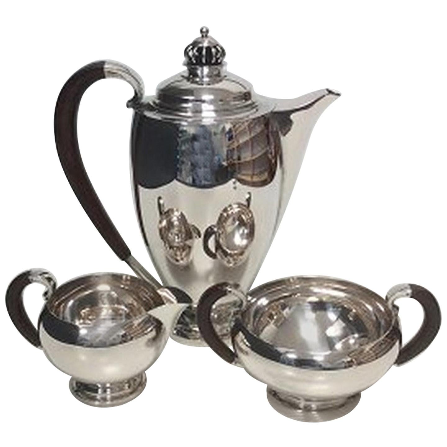 Theodor Sabroe Art Deco Danish Silver Coffee Set with Pot, Creamer & Sugar Bowl