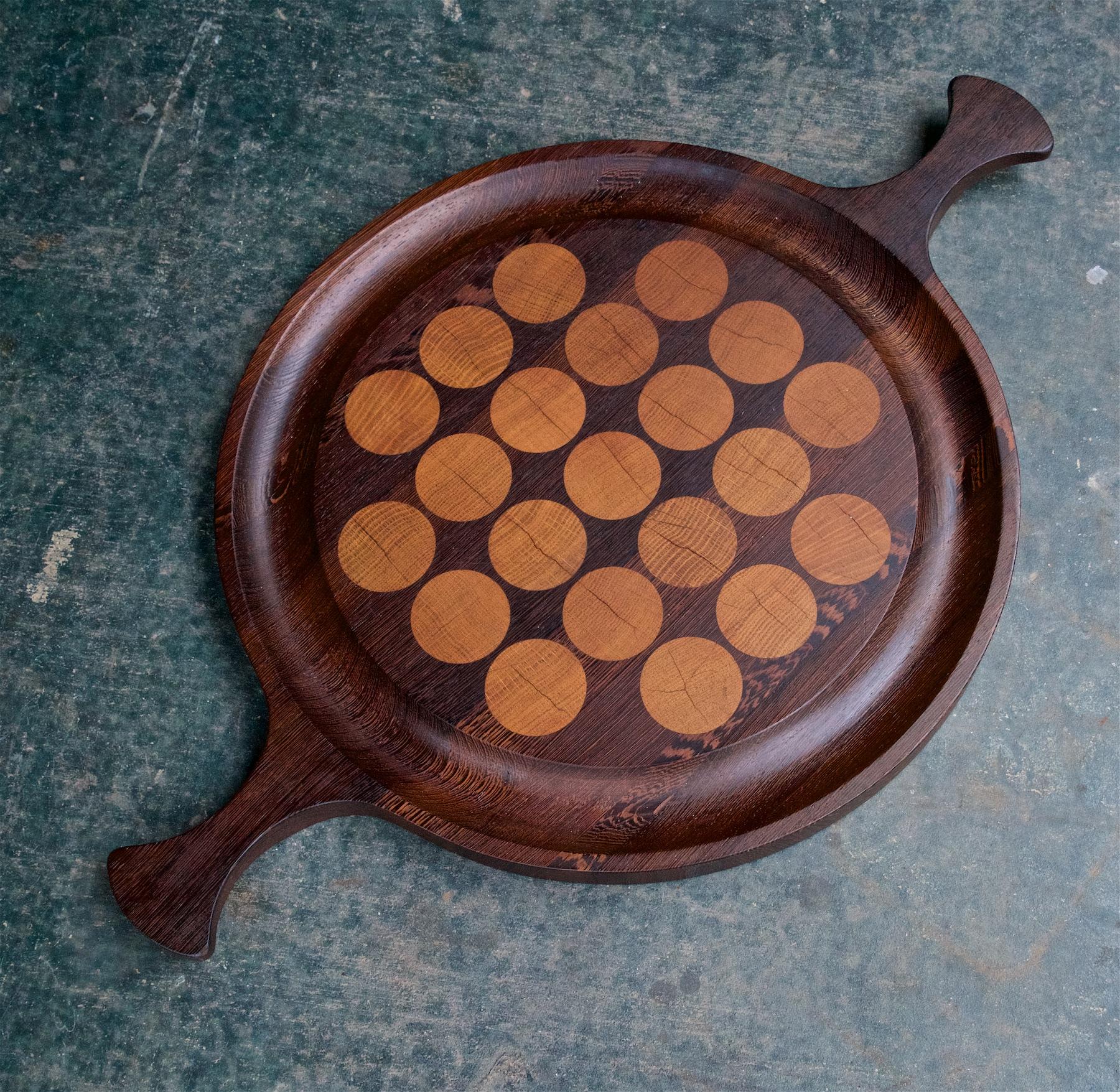Wonderful and very large usable cutting board, with beech or oak checked inlaid dots.