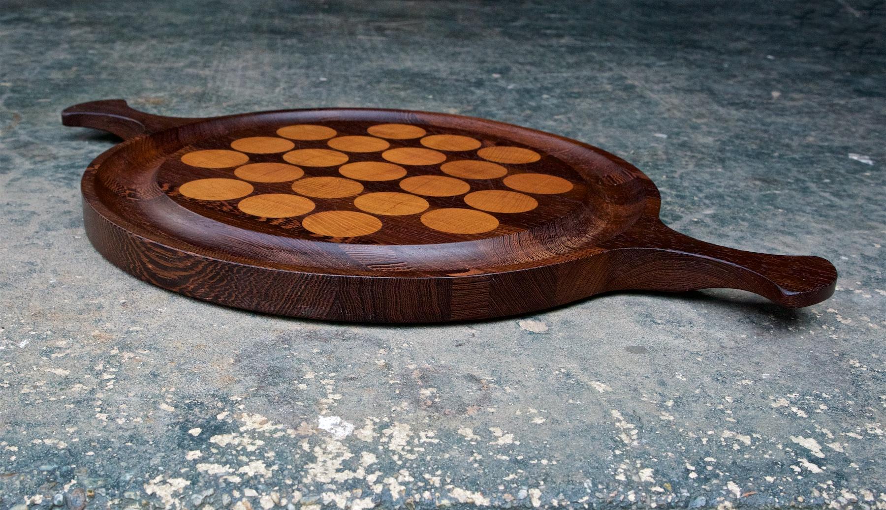 Scandinavian Modern Theodor Skjode Knudsen Wengé Oak Large Polka Dotted Cutting Board Midcentury For Sale