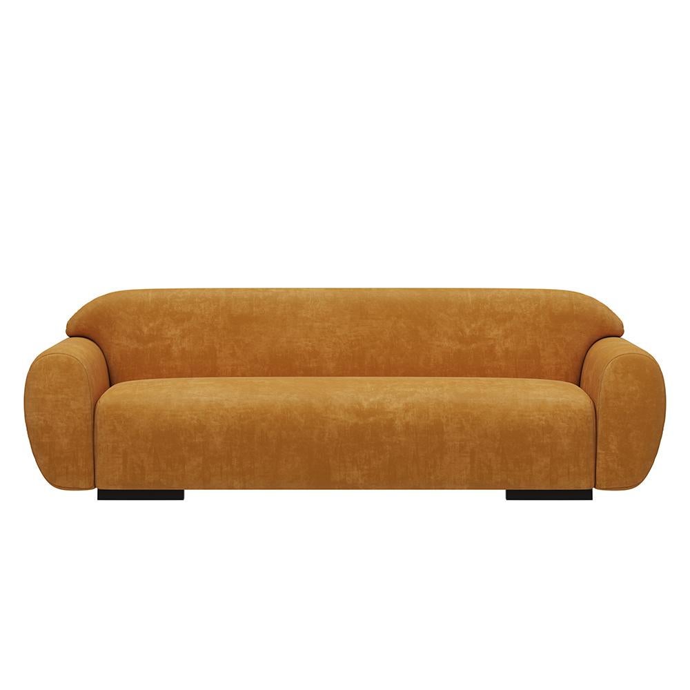 Sofa Theodor with solid wood structure, upholstered and
covered with cotton velvet fabric in faded orange finish.
Feet in ashwood in satinated Wenge in matte varnish finish.
Also available with other fabric and finishes on request.
   