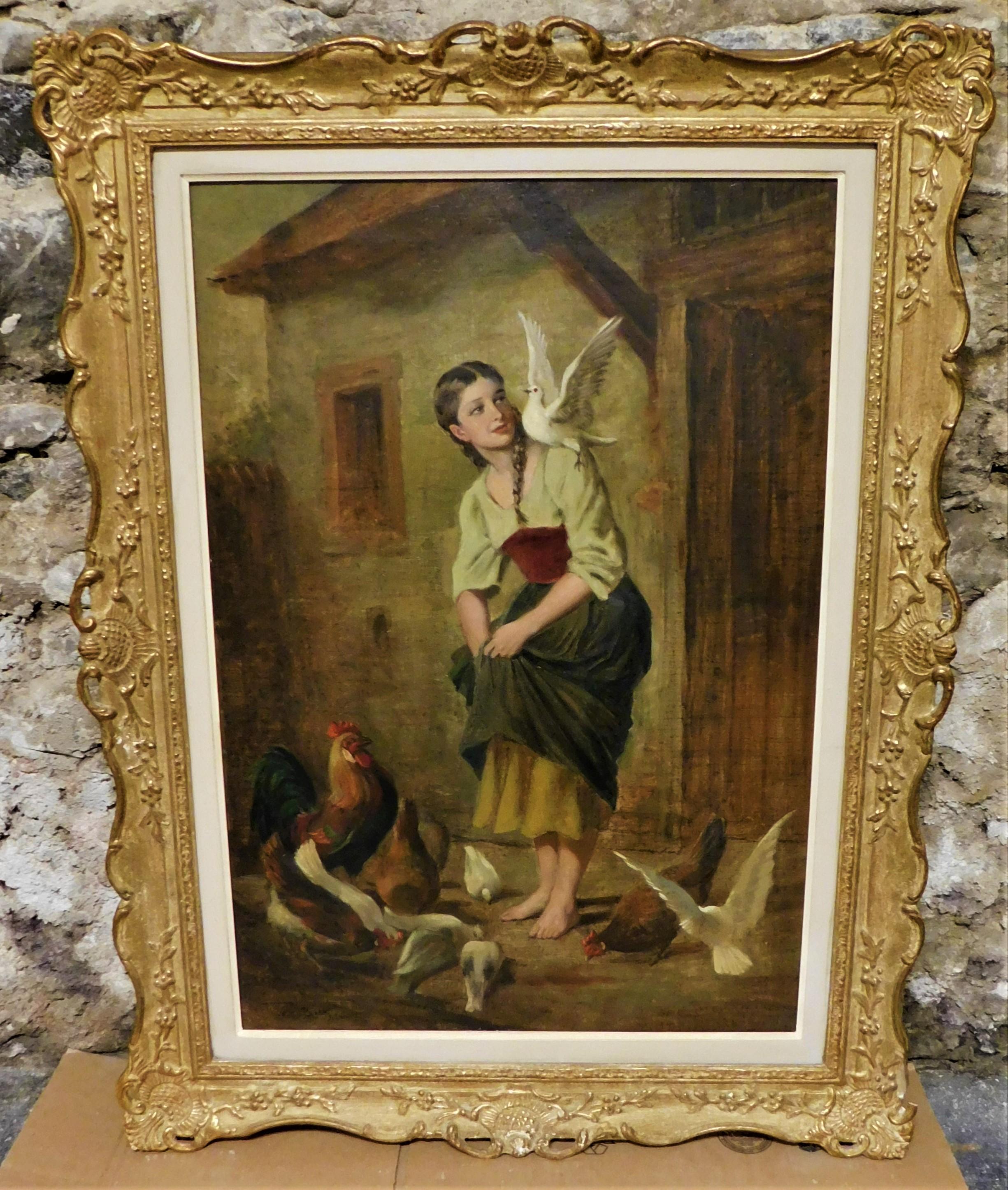 German artist Theodor von der Beek (1838-1921), circa 1880s oil on canvas painting in an ornate gold frame.
Actual painting size is 28.5 inches high by 20 inches wide by 1 inch deep. 

Theodor von der Beek (born March 21, 1838 in Kaiserswerth , died