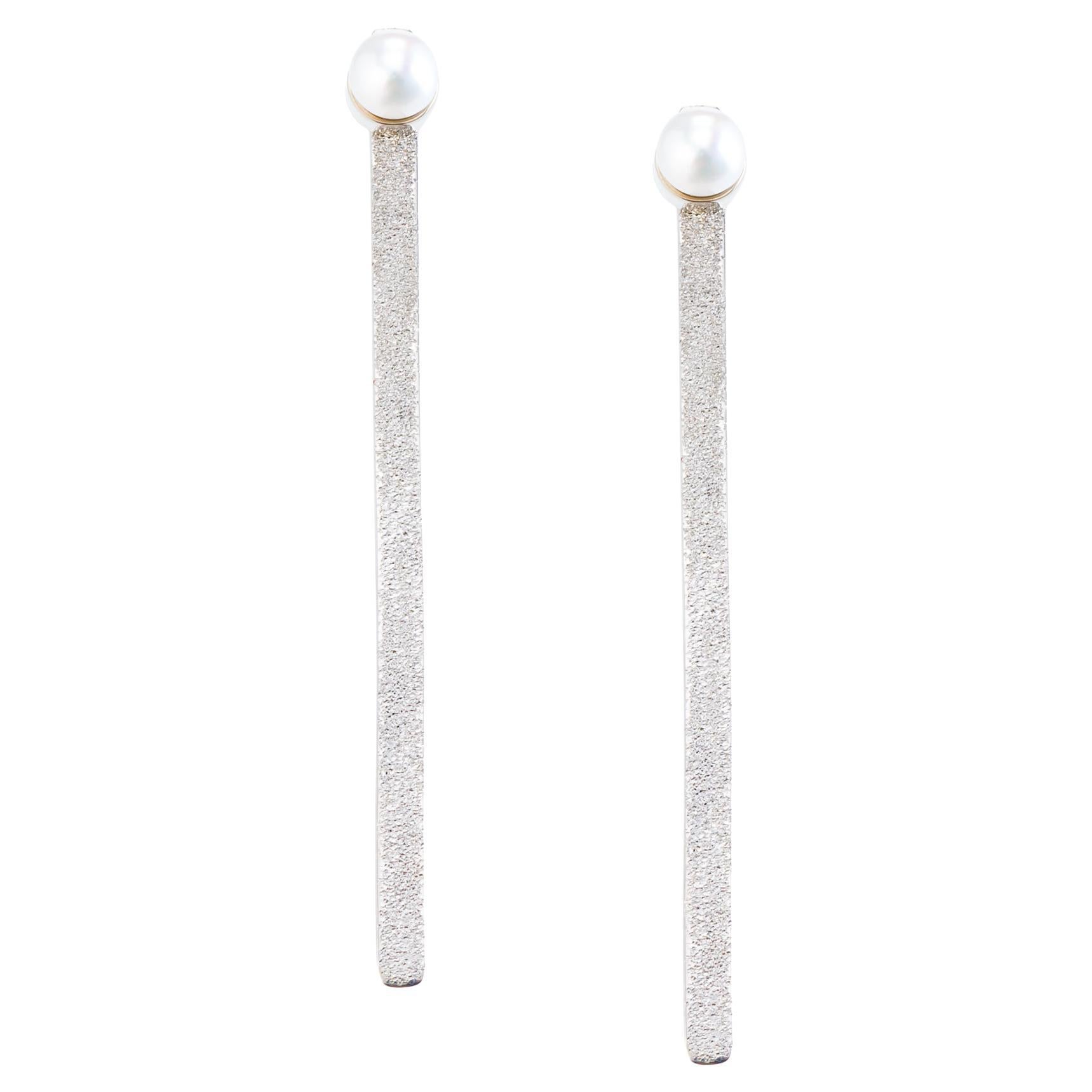 Theodora D.  Moon Ray Earrings White Gold 18K Diamond cut / Freshwater Pearls For Sale
