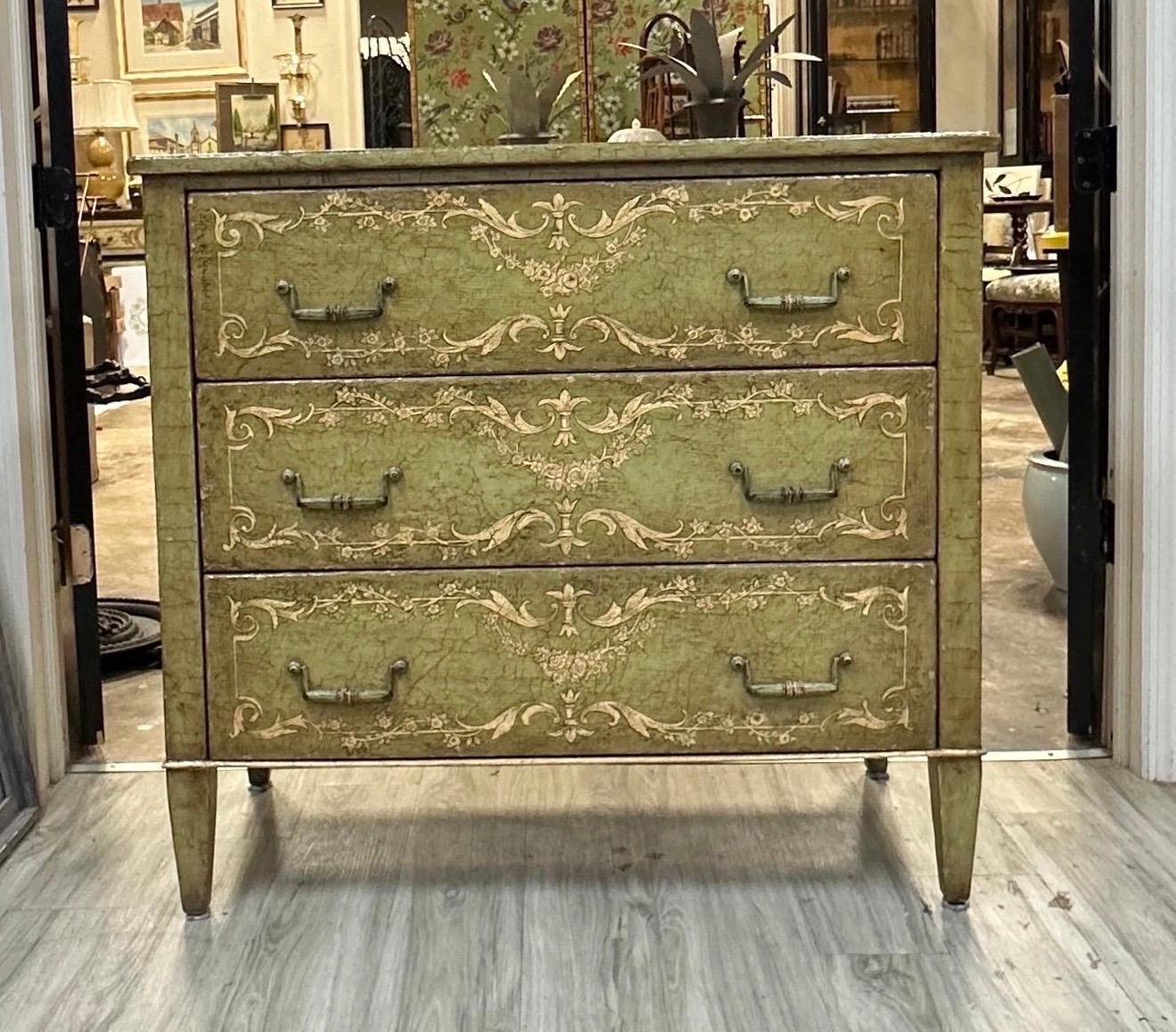 Neoclassical Theodore Alexander 3 Drawer Chest Green Painted Venetian Style For Sale