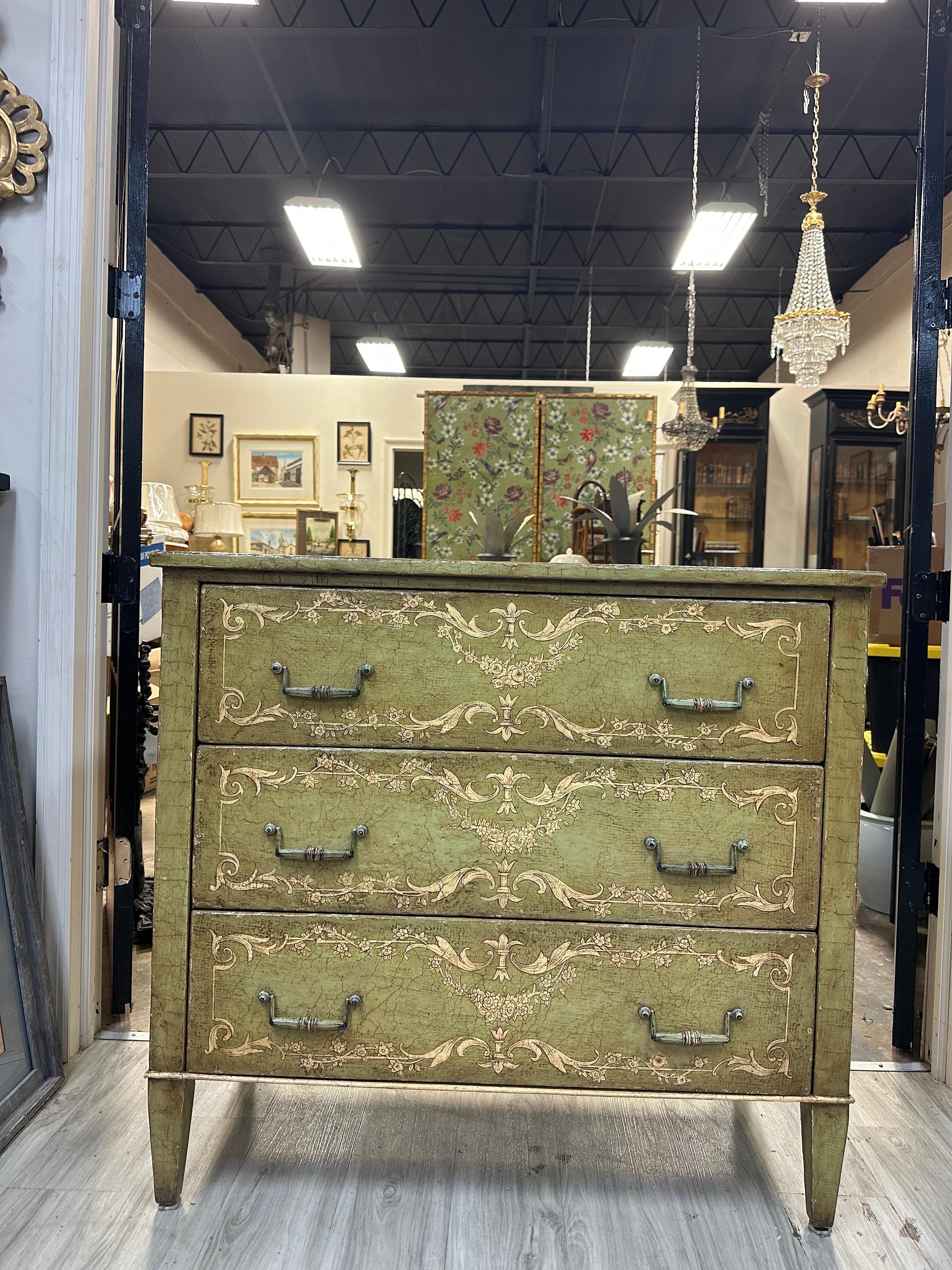 American Theodore Alexander 3 Drawer Chest Green Painted Venetian Style For Sale