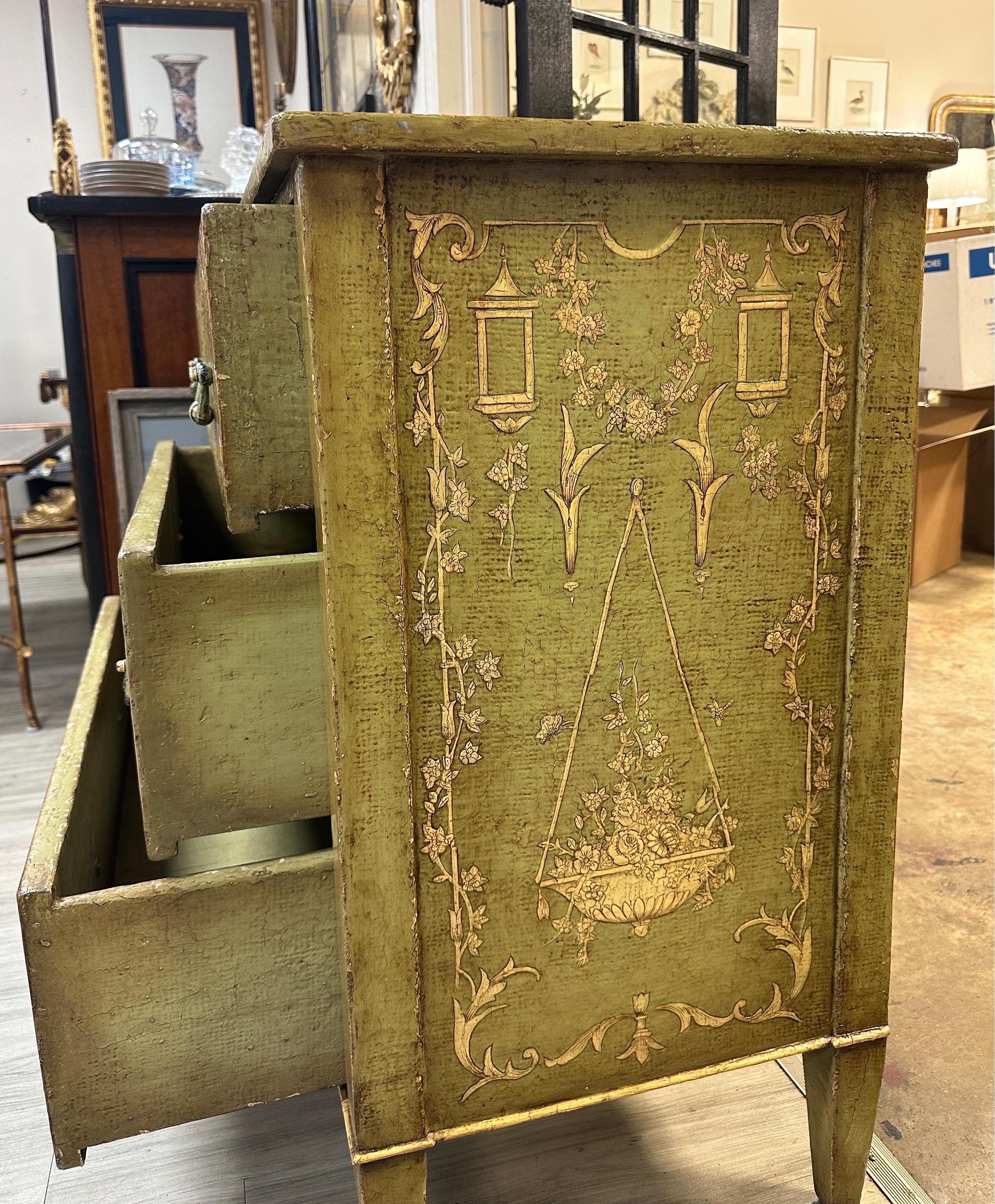 Hand-Crafted Theodore Alexander 3 Drawer Chest Green Painted Venetian Style For Sale