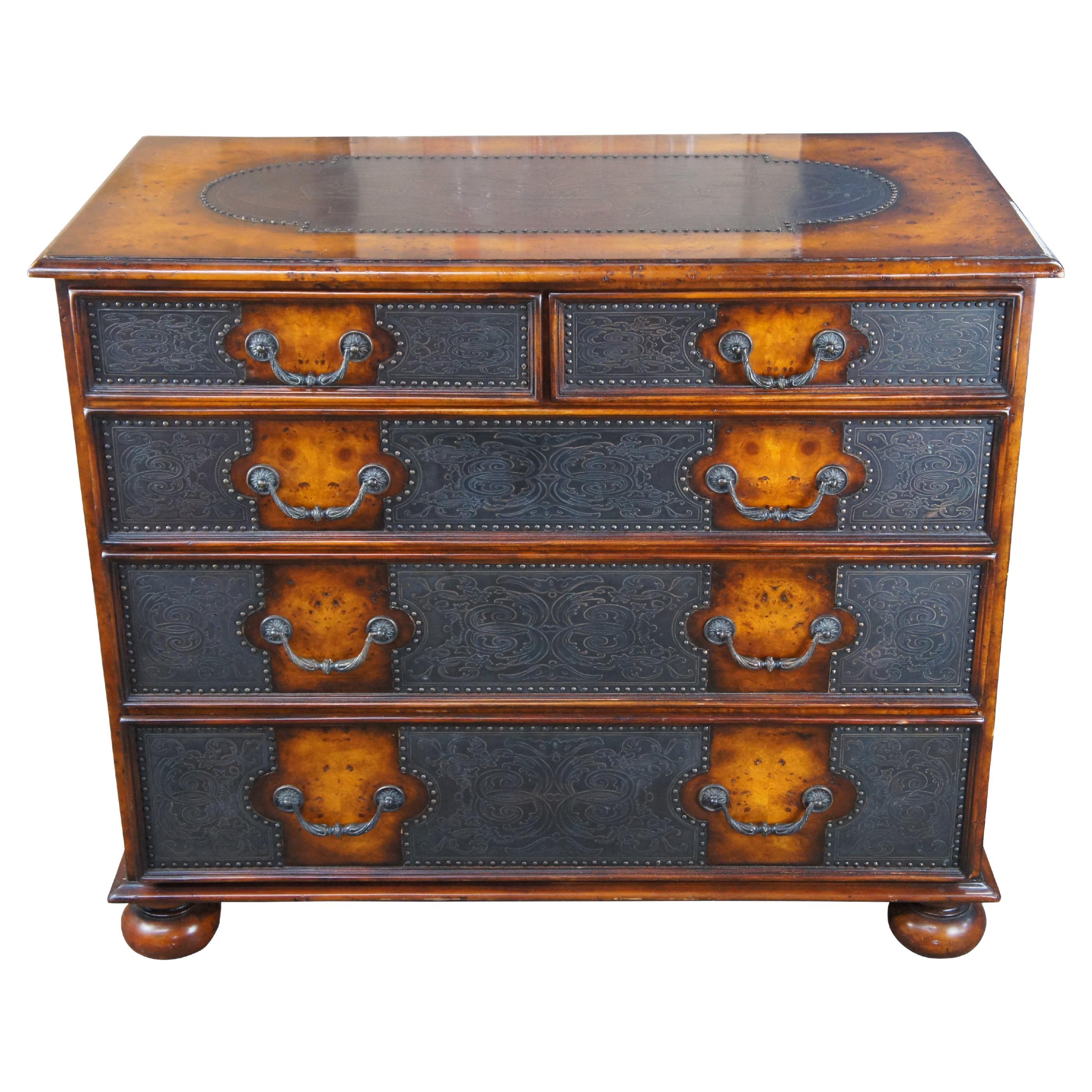 Theodore Alexander Armoury Burr Walnut Etched Brass Chest of Drawers Dresser 40" For Sale