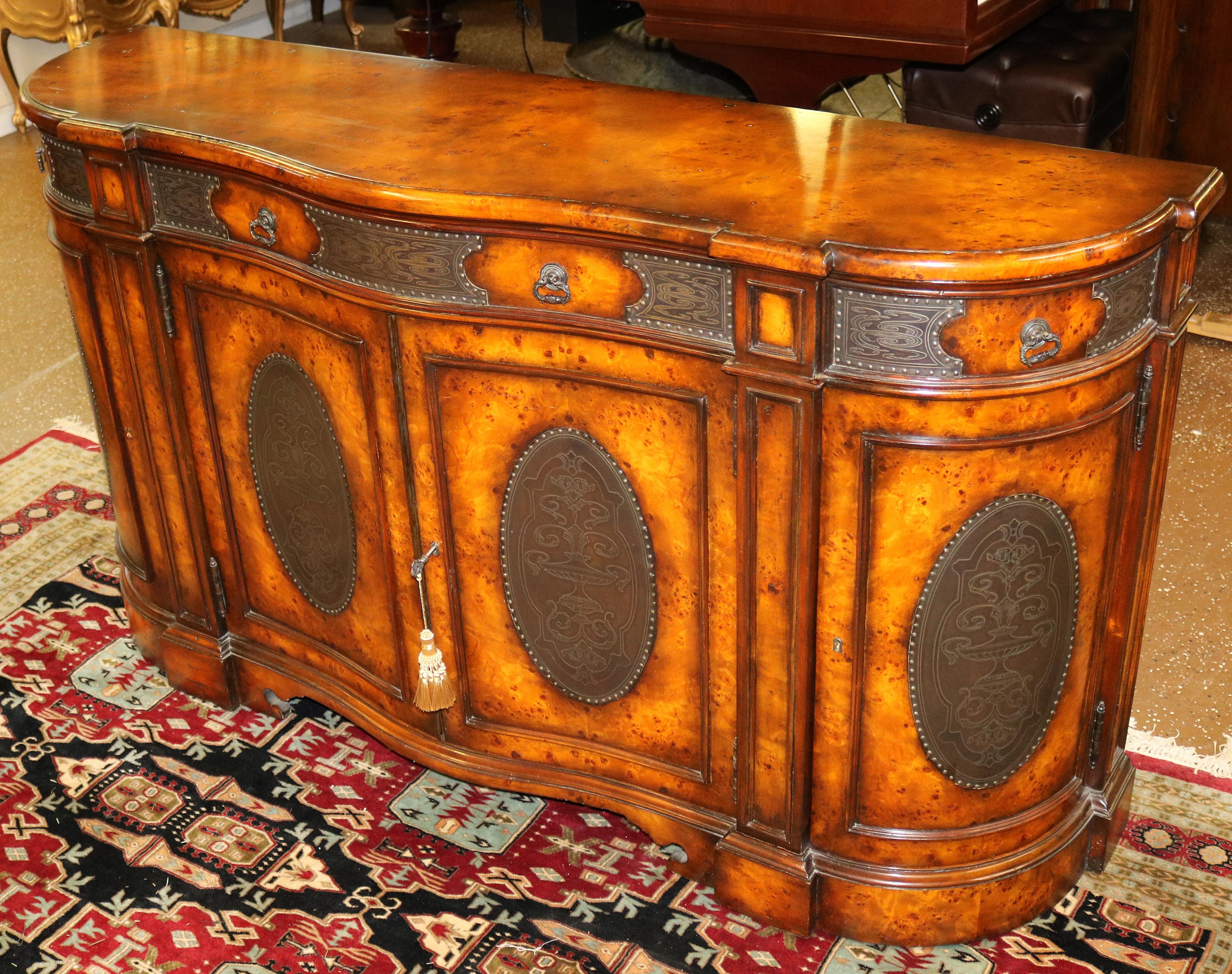 Theodore Alexander Armoury Collection Burled & Metal Buffet Server Sideboard In Good Condition In Long Branch, NJ