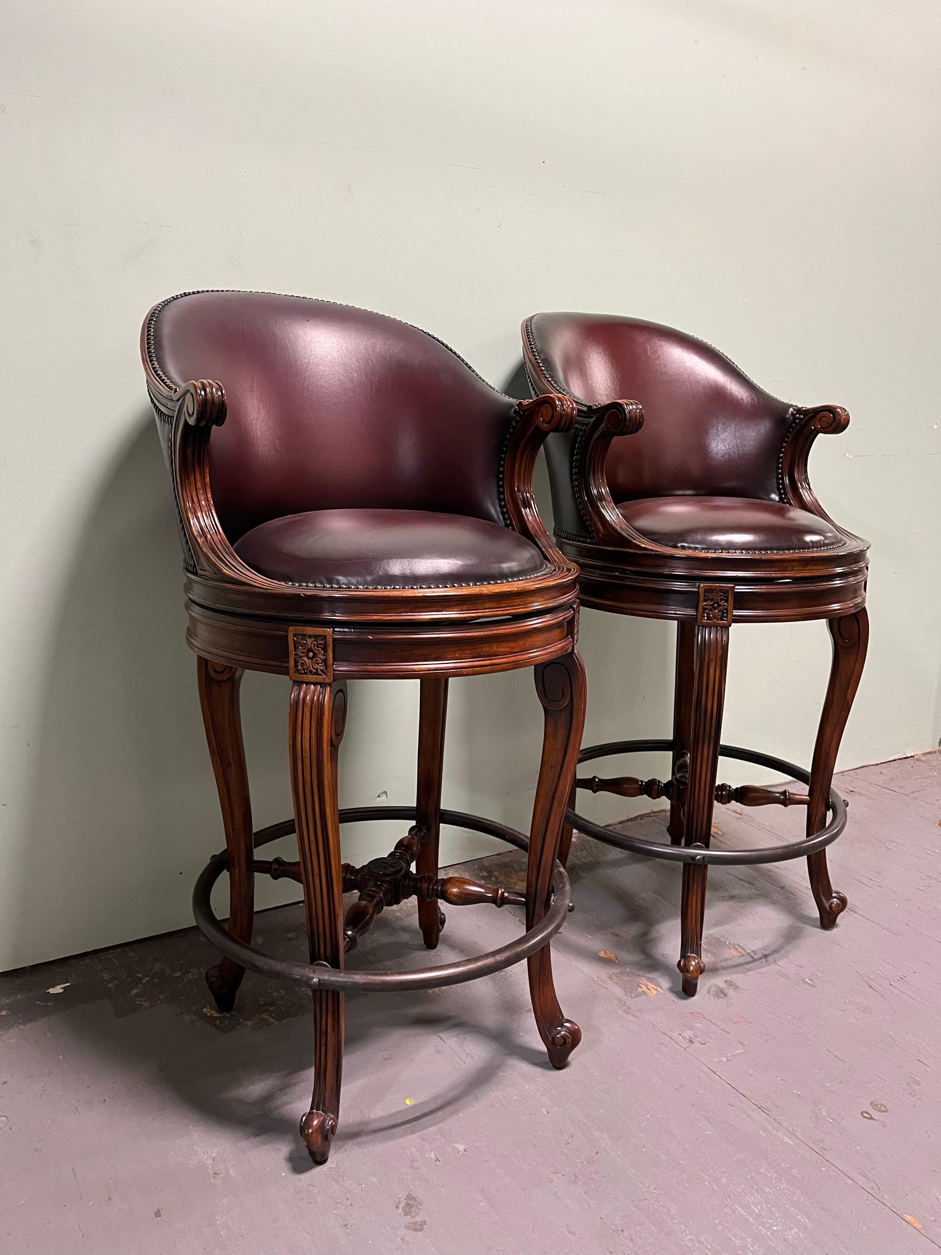 Napoléon III Theodore Alexander Tabourets de bar Napoleon III Acajou Dossier Scoop Cuir Brown en vente