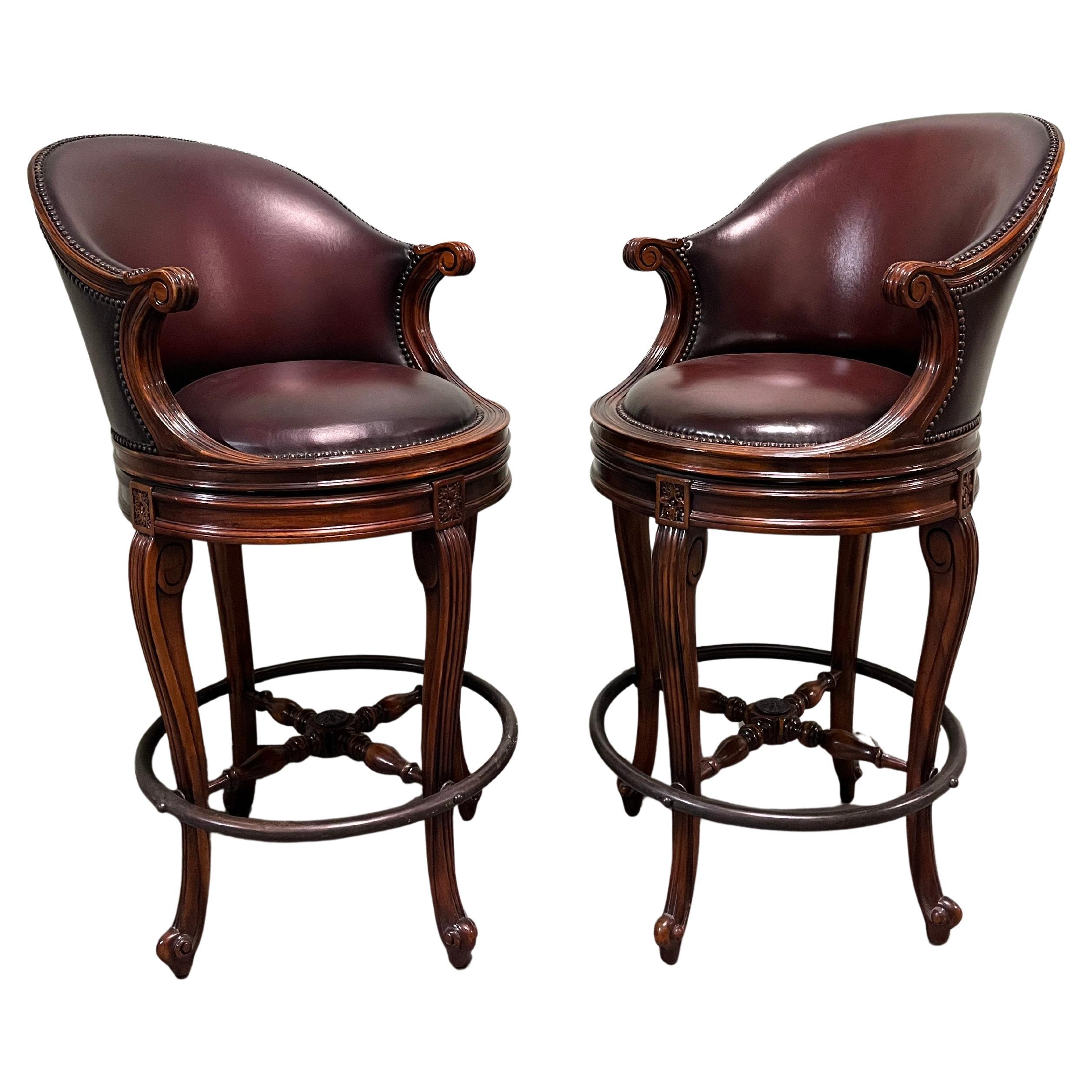 Theodore Alexander Bar Stools Napoleon III Mahogany Scoop Back Brown Leather