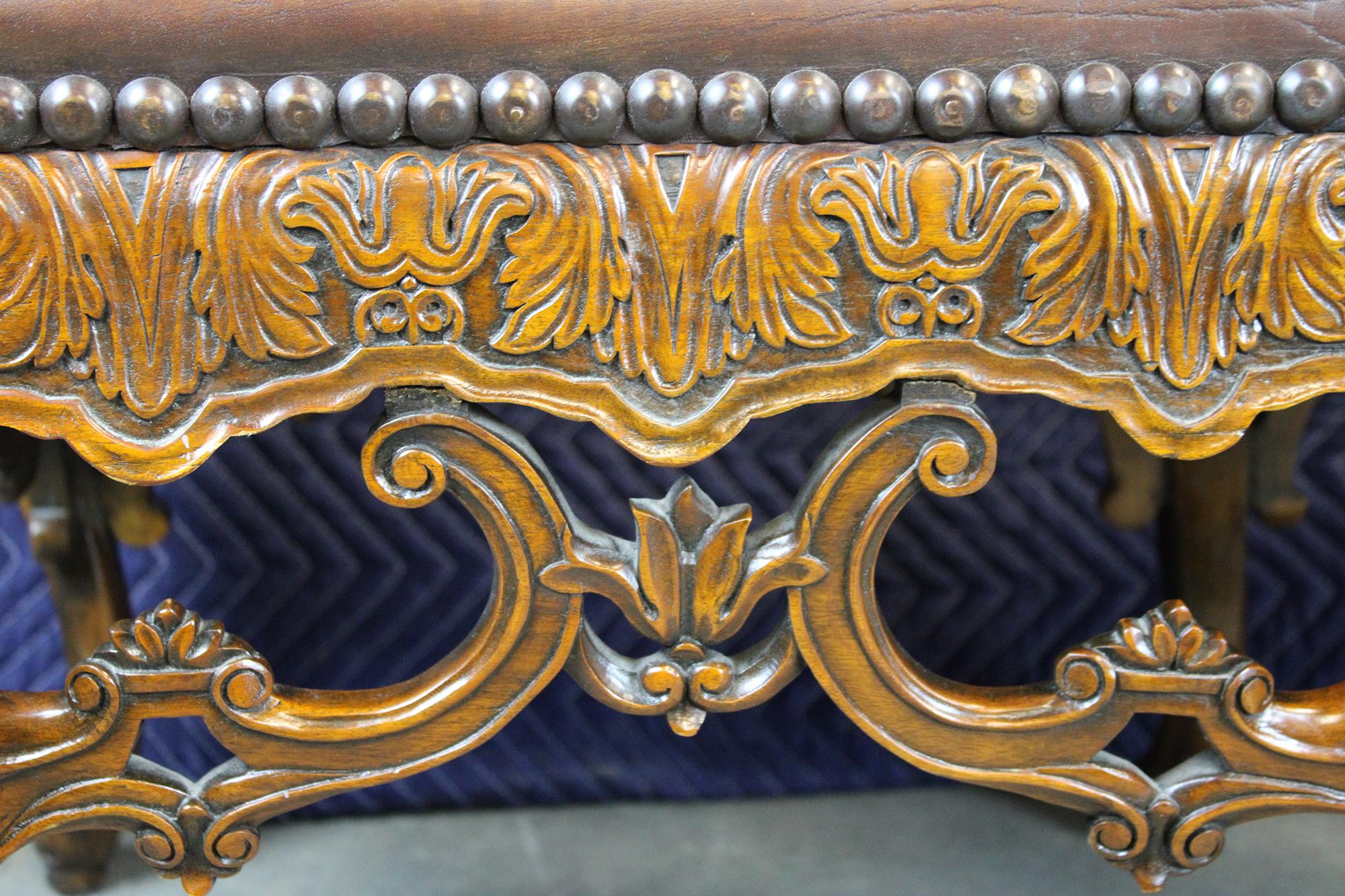 20th Century Theodore Alexander Baroque Rococo Style Carved Mahogany Nailhead Leather Bench