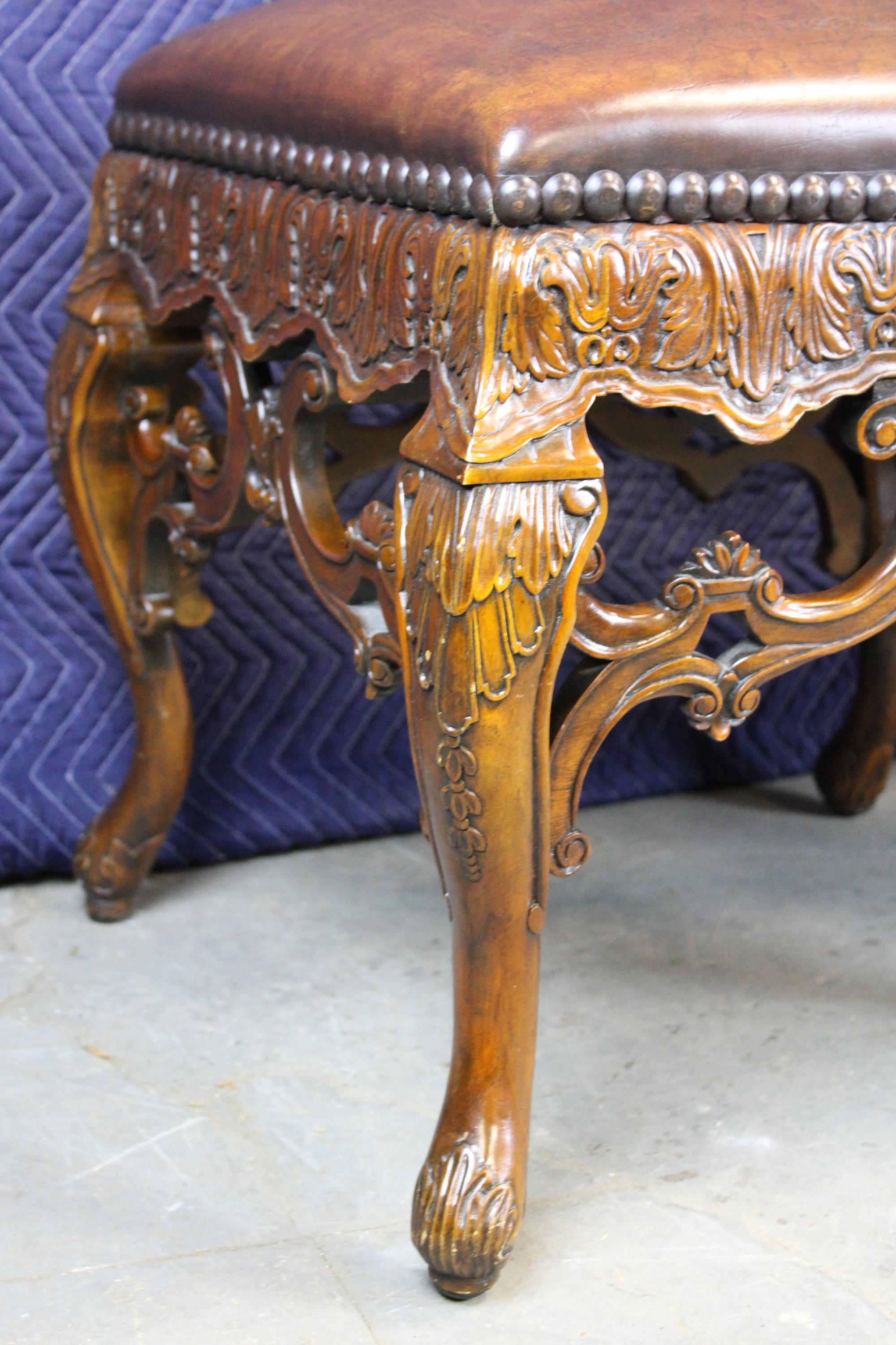 Theodore Alexander Baroque Rococo Style Carved Mahogany Nailhead Leather Bench 1
